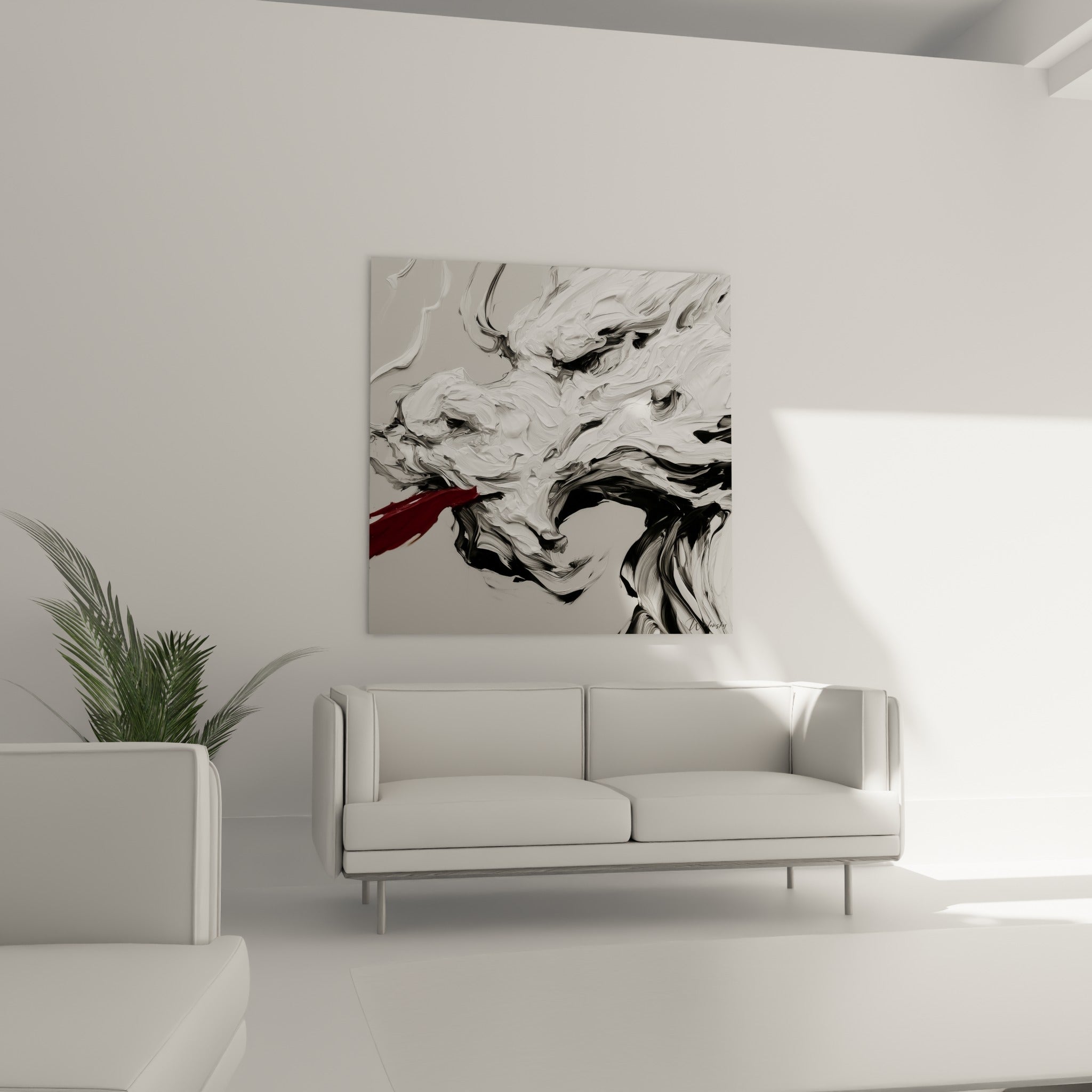 Museau sculptural blanc et noir, touche rouge sang marquée, suspendu au-dessus d'un canapé dans un salon lumineux