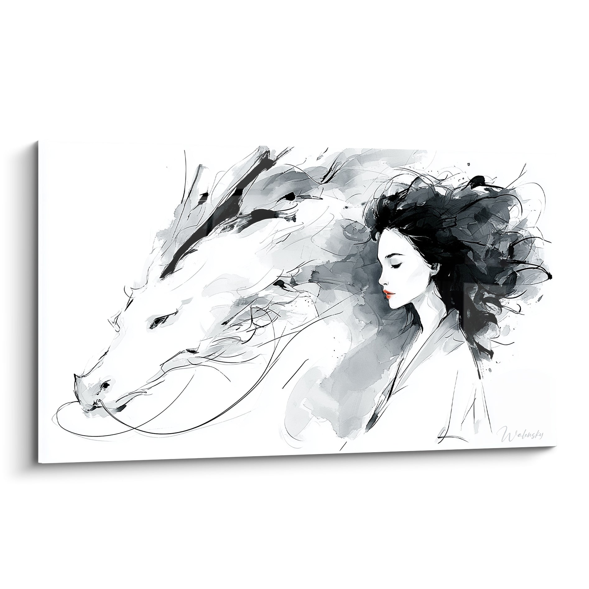 Dragon et femme aux cheveux noirs entrelacés, encre grise et blanche, touche rouge sur les lèvres