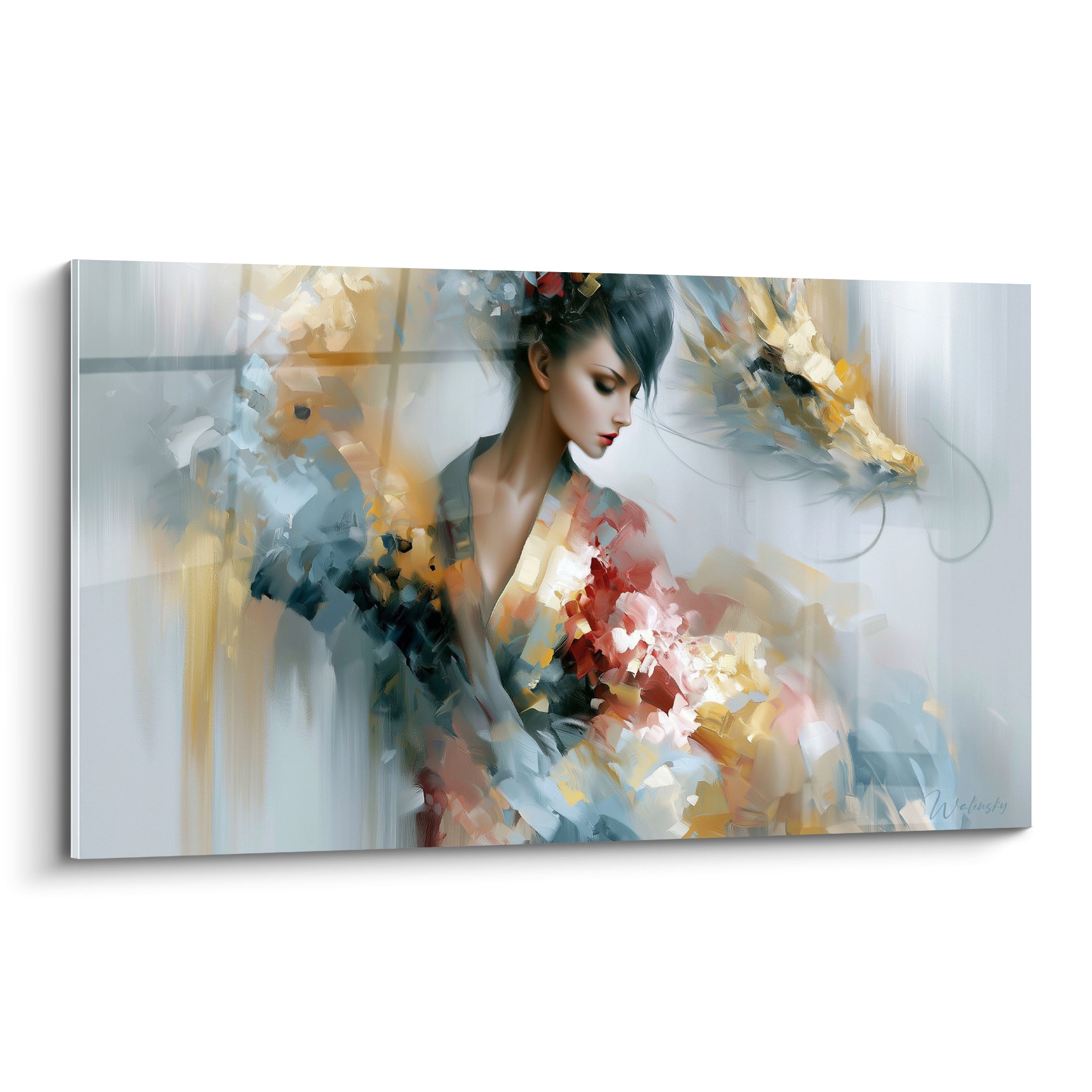 Dragon doré veillant sur une femme au kimono gris et rose dans une peinture picturale