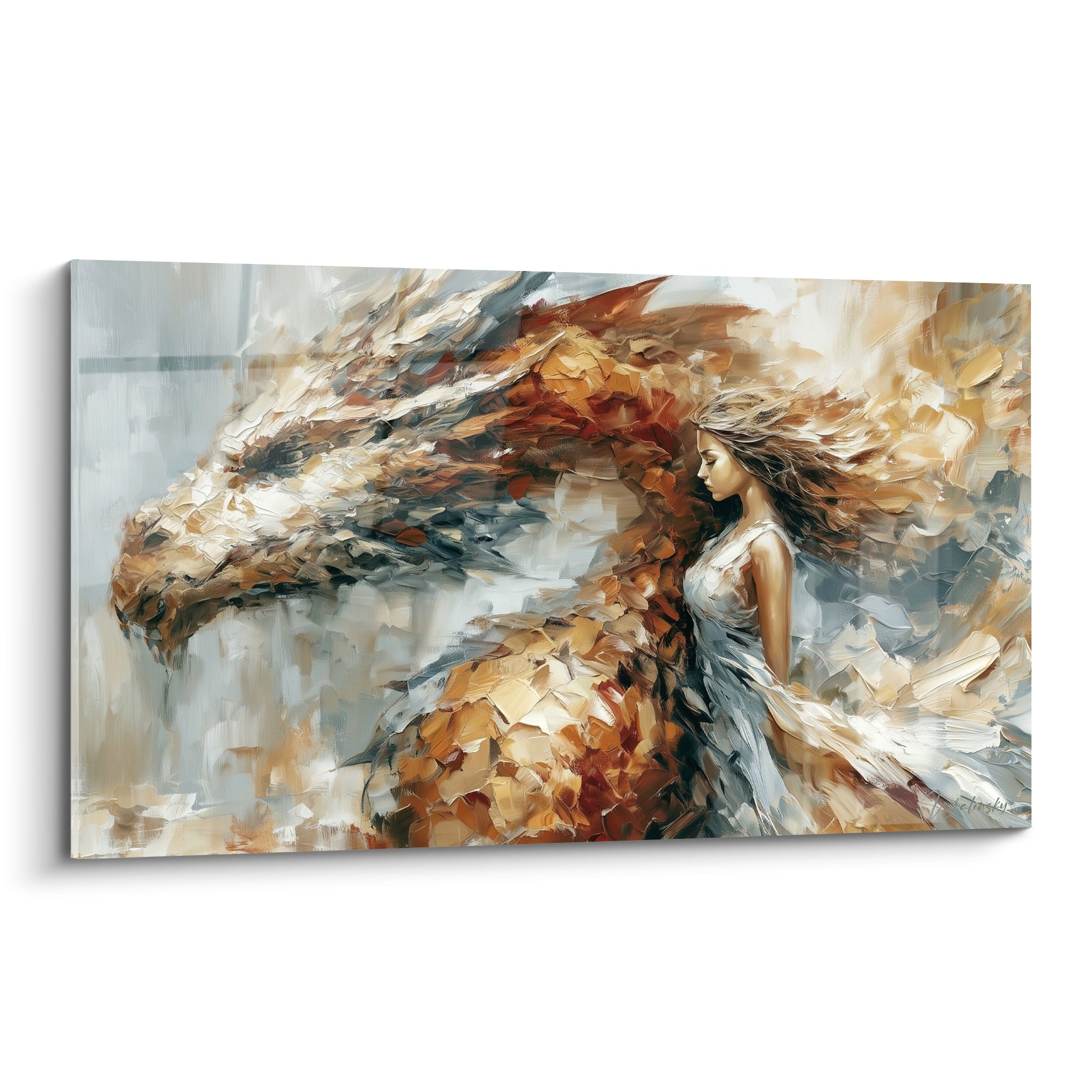 Dragon doré et terracotta enlacé à une femme aux cheveux bruns dénoués, peinture au couteau texturée
