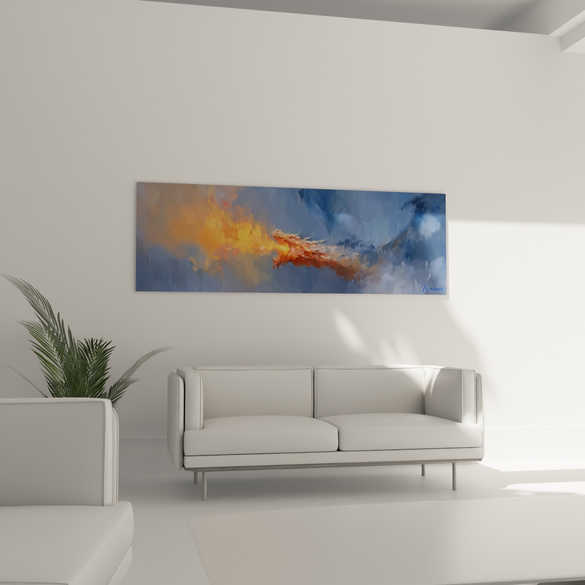 Souffle de feu ocre et terracotta traversant un fond bleu pastel, au-dessus d'un canapé dans un salon lumineux