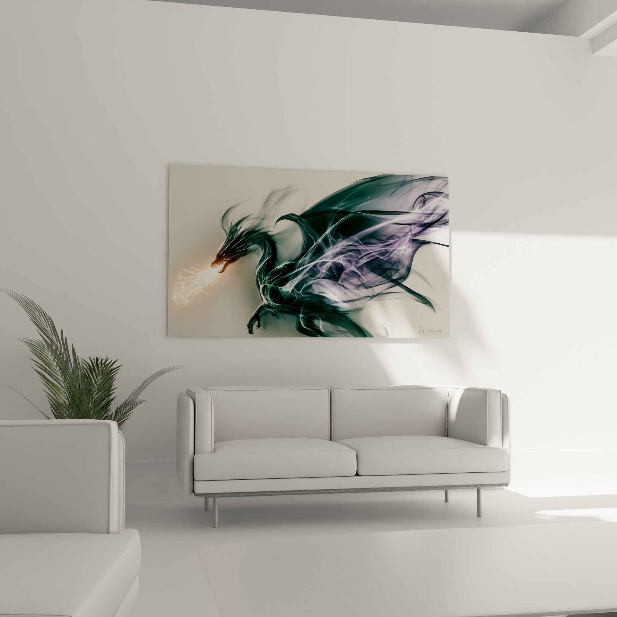 Silhouette fumée du dragon vert et doré crachant une boule de feu, au-dessus d'un canapé dans un salon lumineux