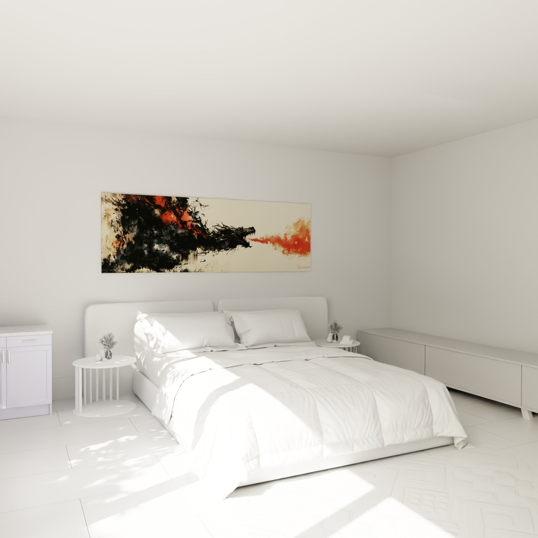 Créature sombre au souffle rouge ardent accrochée au-dessus d'un lit dans une chambre claire