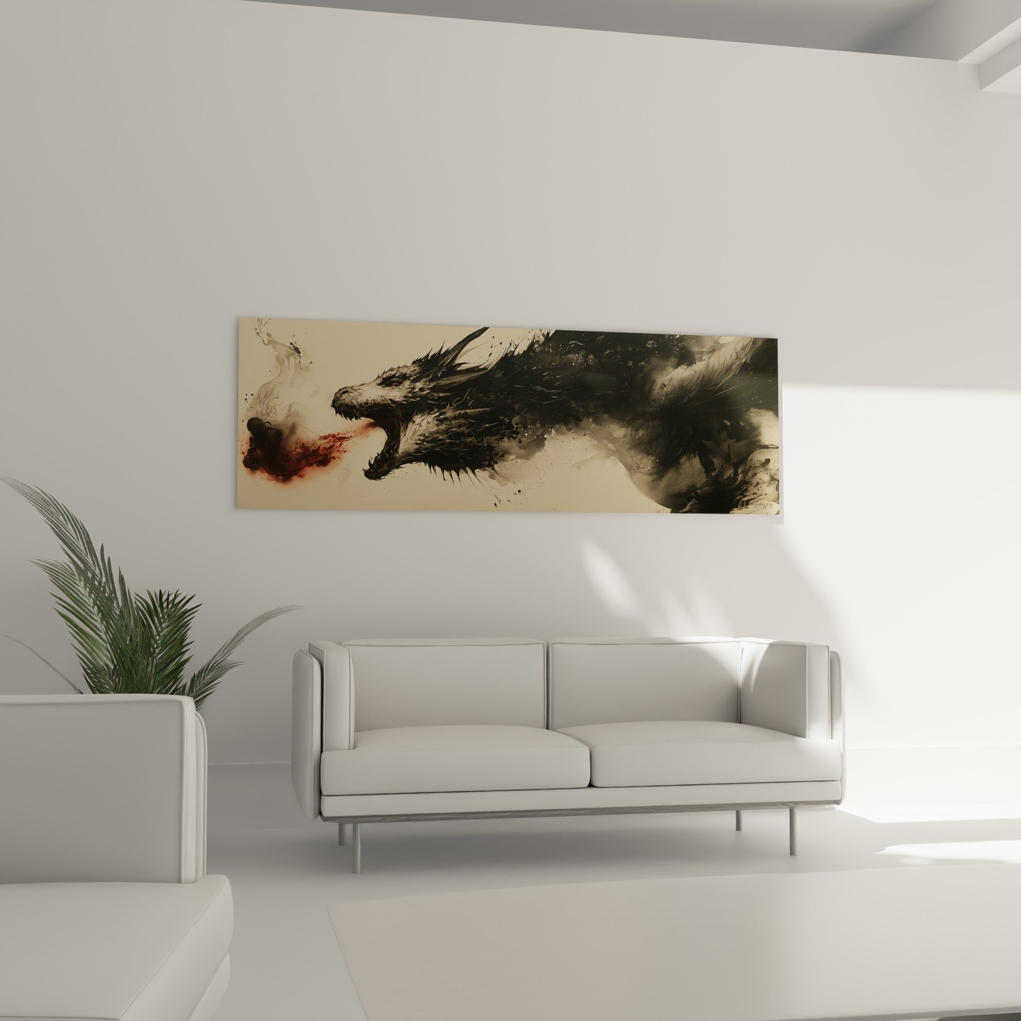 Gueule ouverte du dragon, flammes terracotta et corps gris fauve, au-dessus d'un canapé dans un salon lumineux