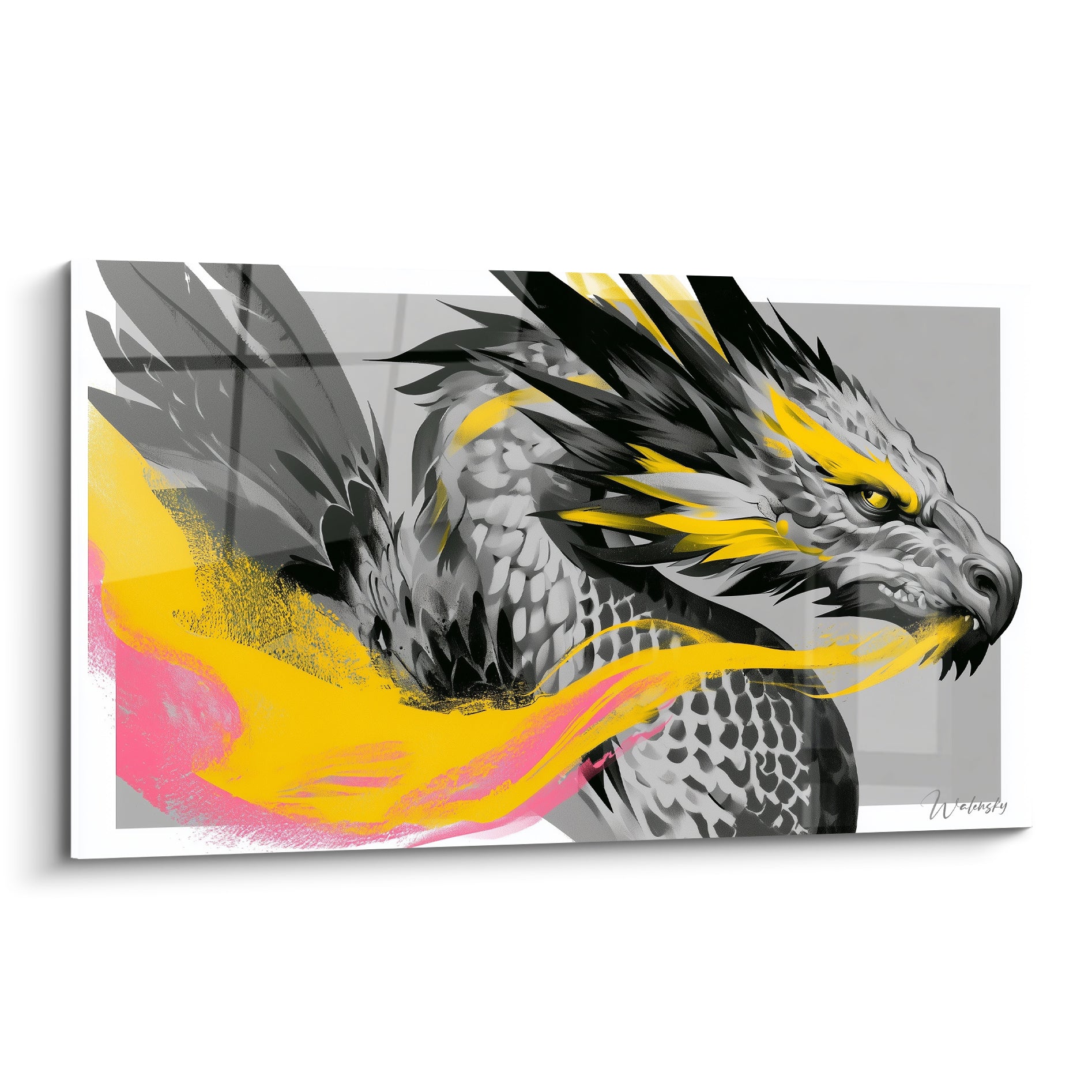 Dragon gris aux flammes jaunes et roses, gueule entrouverte, regard perçant, fond géométrique clair