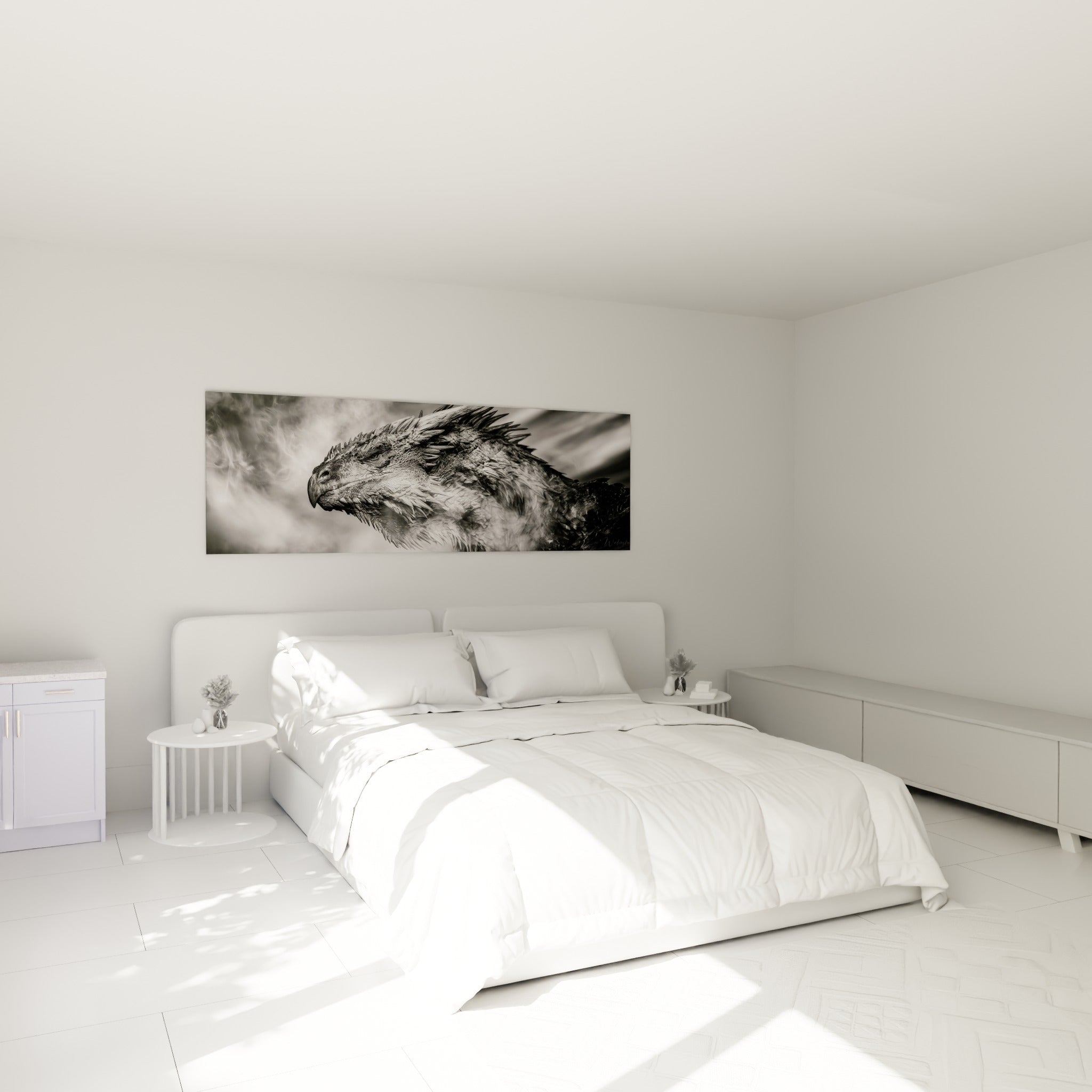 Créature cornée en gris et noir soufflant une vapeur claire, au-dessus d'un lit dans une chambre claire