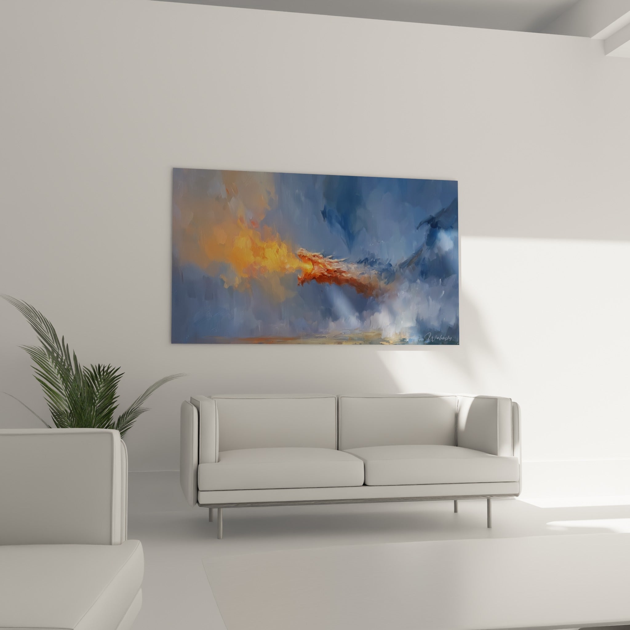 Gueule enflammée orange et rouille traverse un décor bleu marine au-dessus d'un canapé dans un salon lumineux