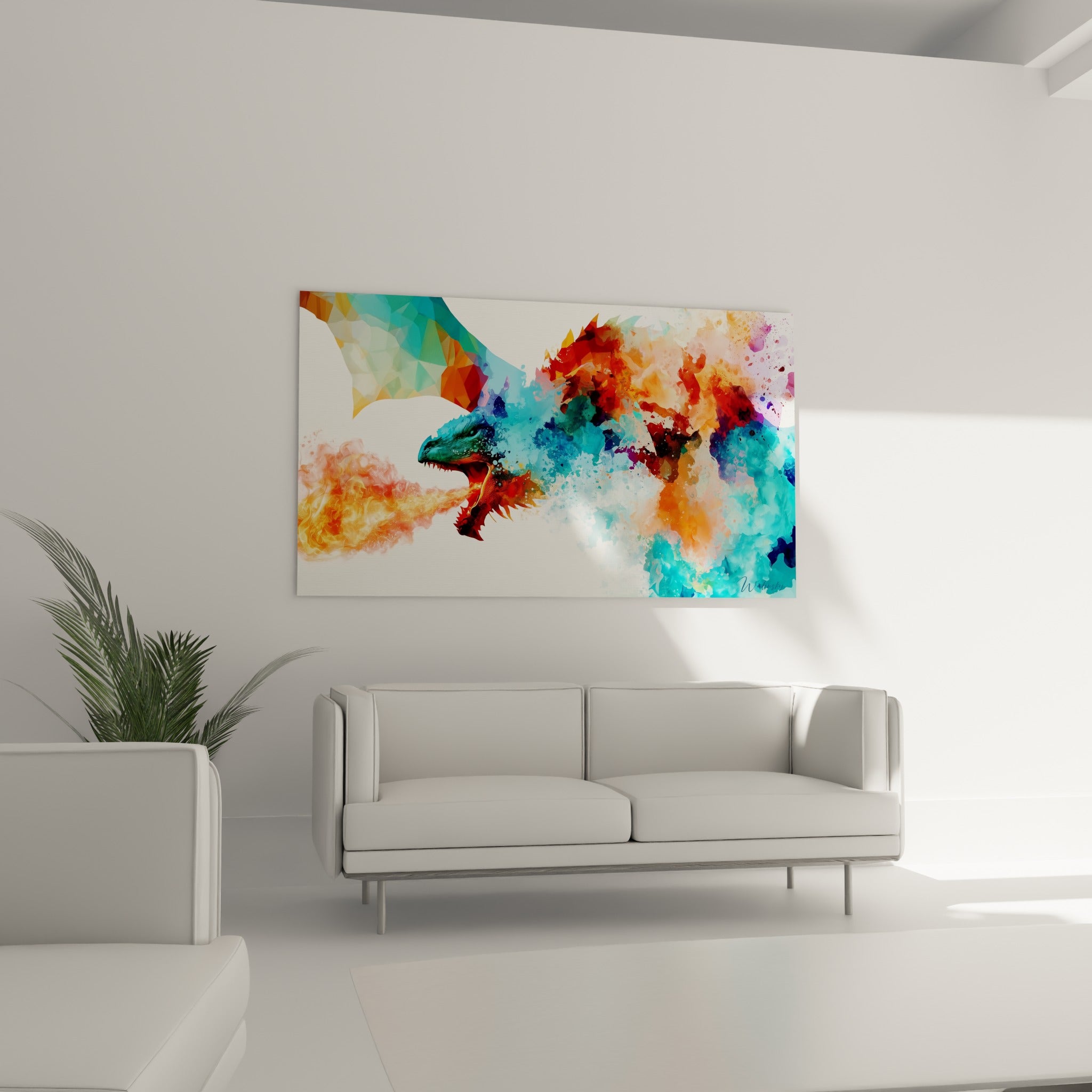 Gueule ouverte du dragon rouge et bleu turquoise, disposée au-dessus d'un canapé dans un salon lumineux
