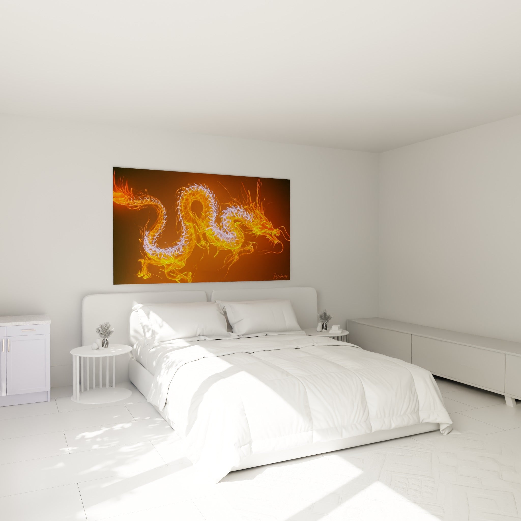 Créature mythique orange et blanche enflammée, au-dessus d'un lit dans une chambre claire