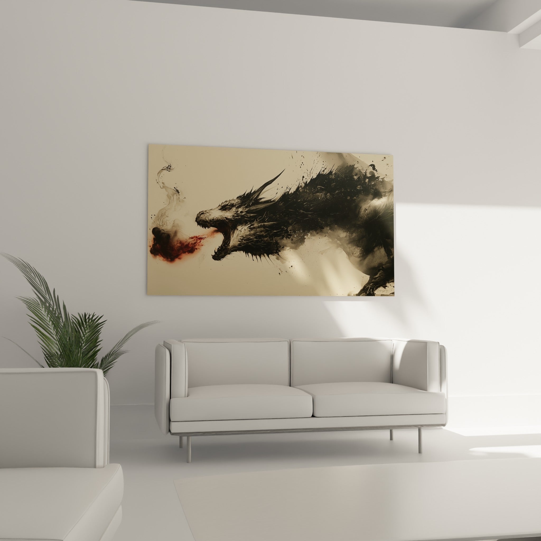 Tête de dragon anthracite et ivoire au souffle rougeoyant, accrochée au-dessus d'un canapé dans un salon lumineux