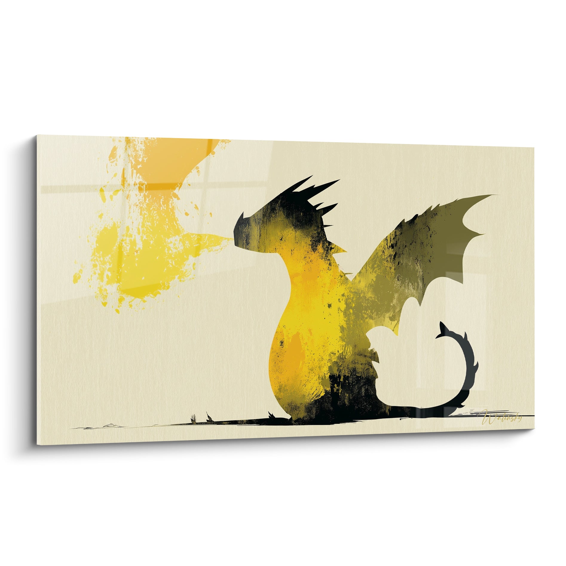Dragon jaune et noir crachant un souffle doré sur fond ivoire texturé, silhouette graphique