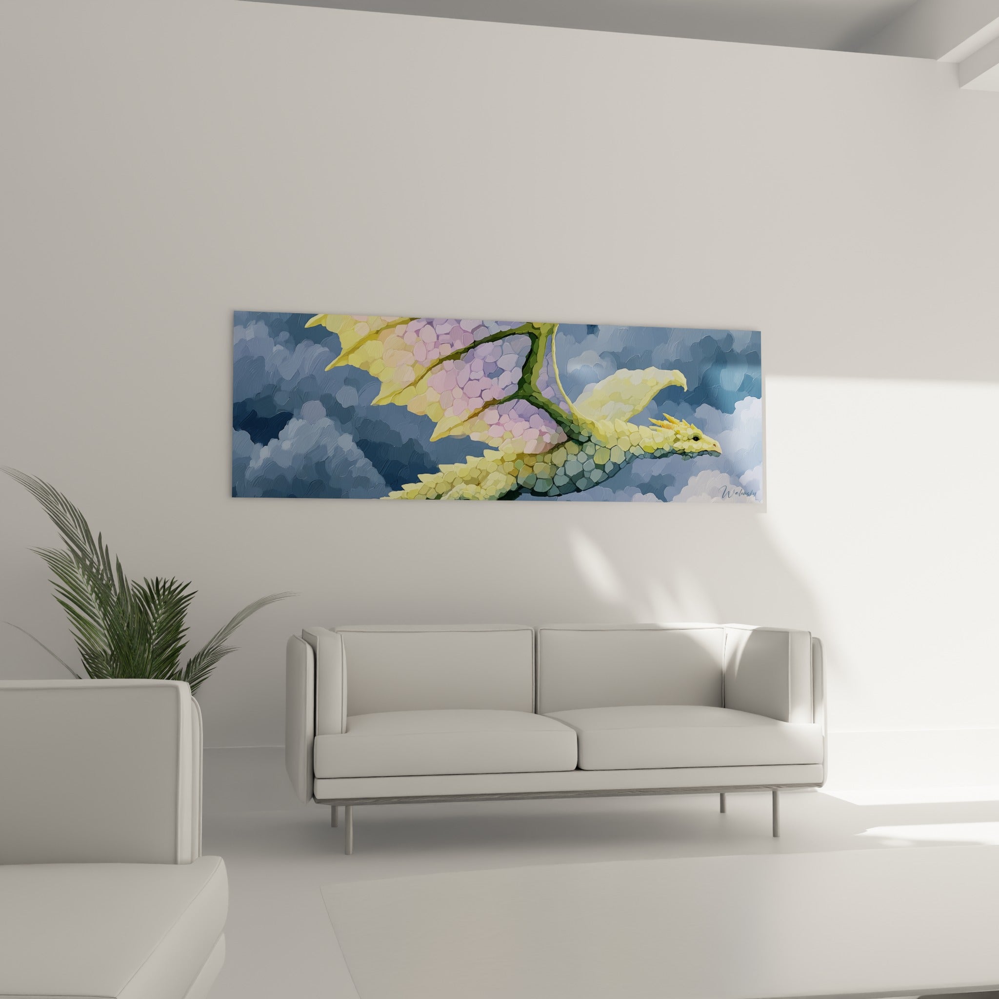 Silhouette de dragon jaune et violet survolant des nuages sombres, au-dessus d'un canapé dans un salon lumineux