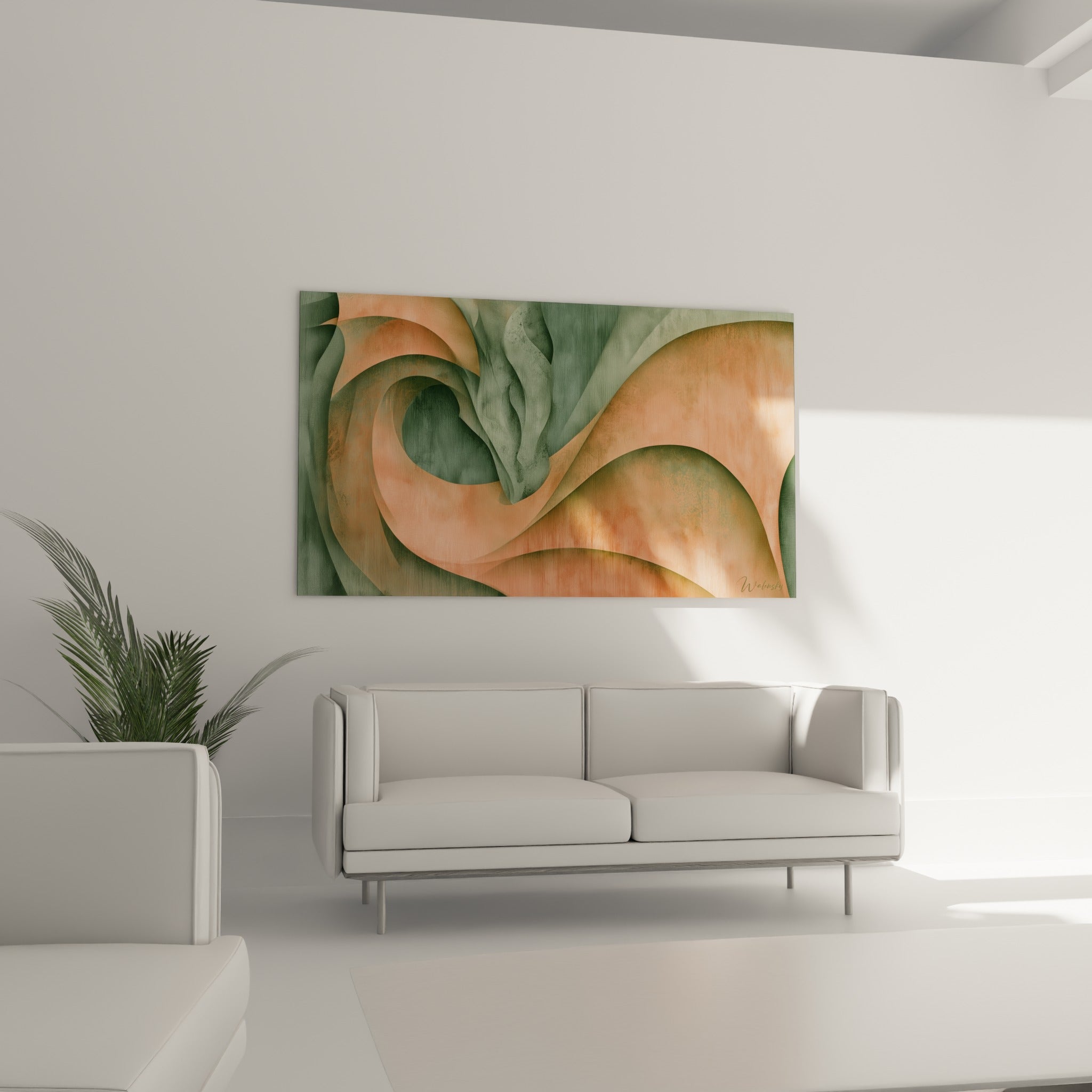 Motif ondulant orangé et vert du tableau Dragon disposé au-dessus d'un canapé dans un salon lumineux