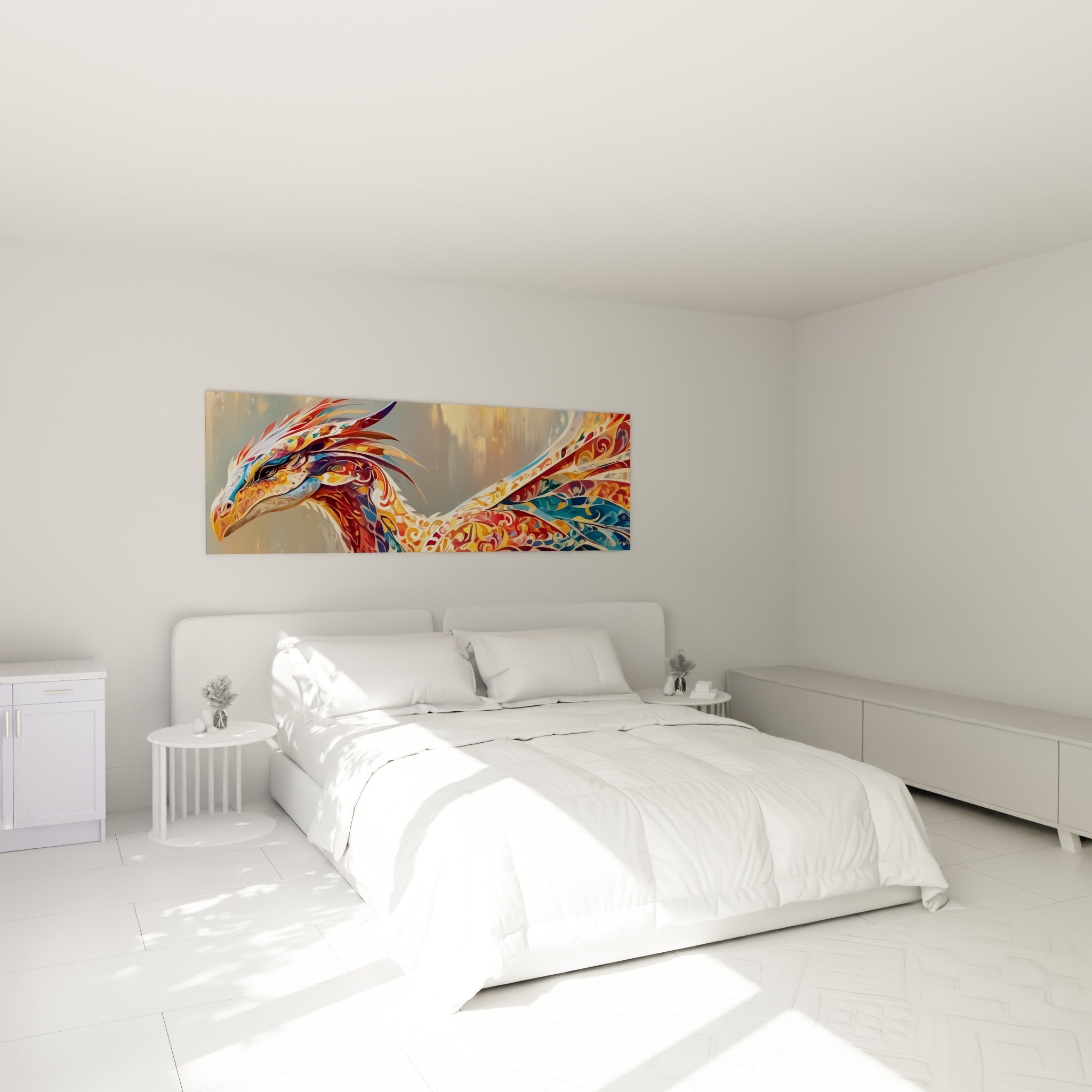 Créature mythique déployant son cou orné de motifs ocre et turquoise au-dessus d'un lit dans une chambre claire