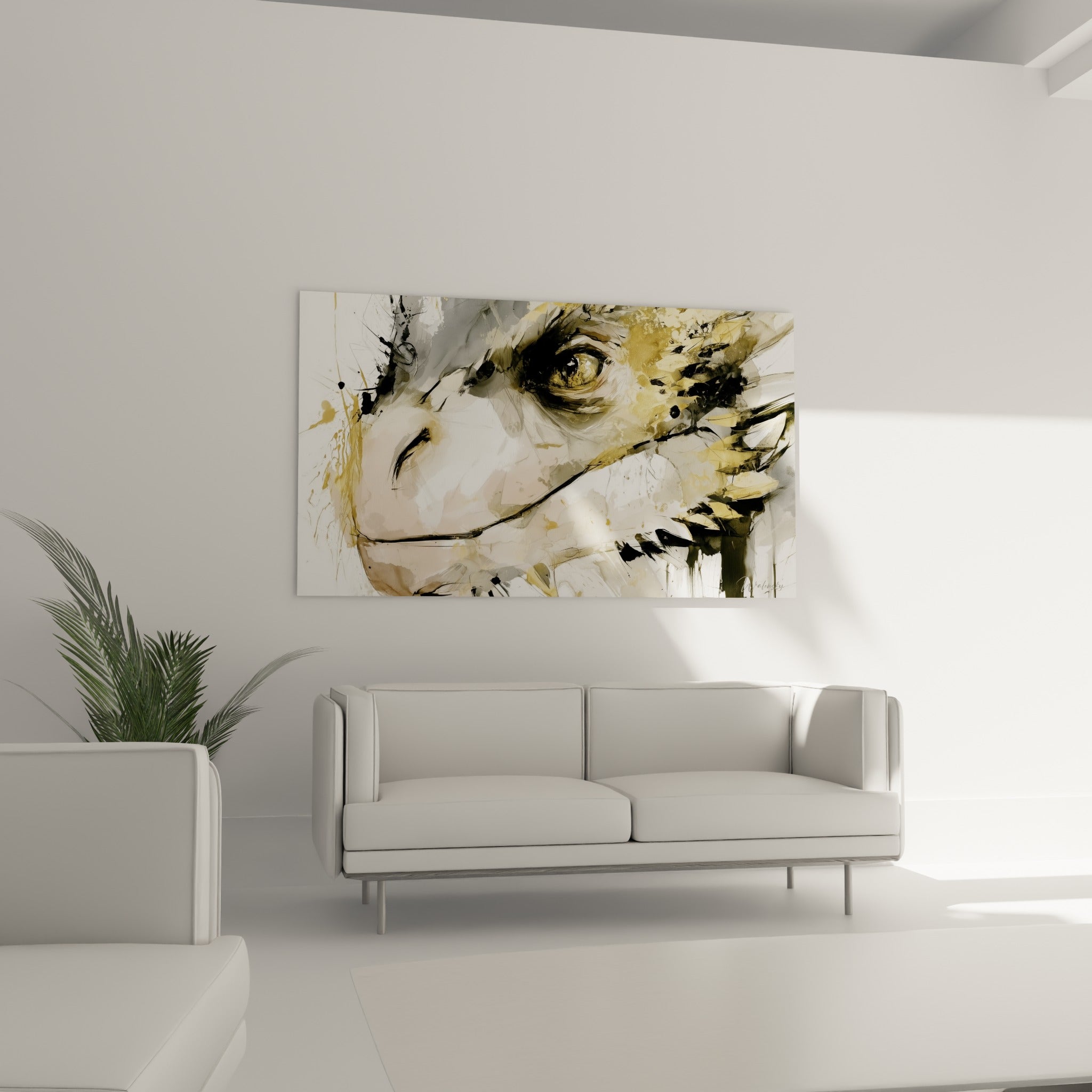 Museau et œil du dragon en teintes ivoire et dorées, suspendu au-dessus d'un canapé dans un salon lumineux