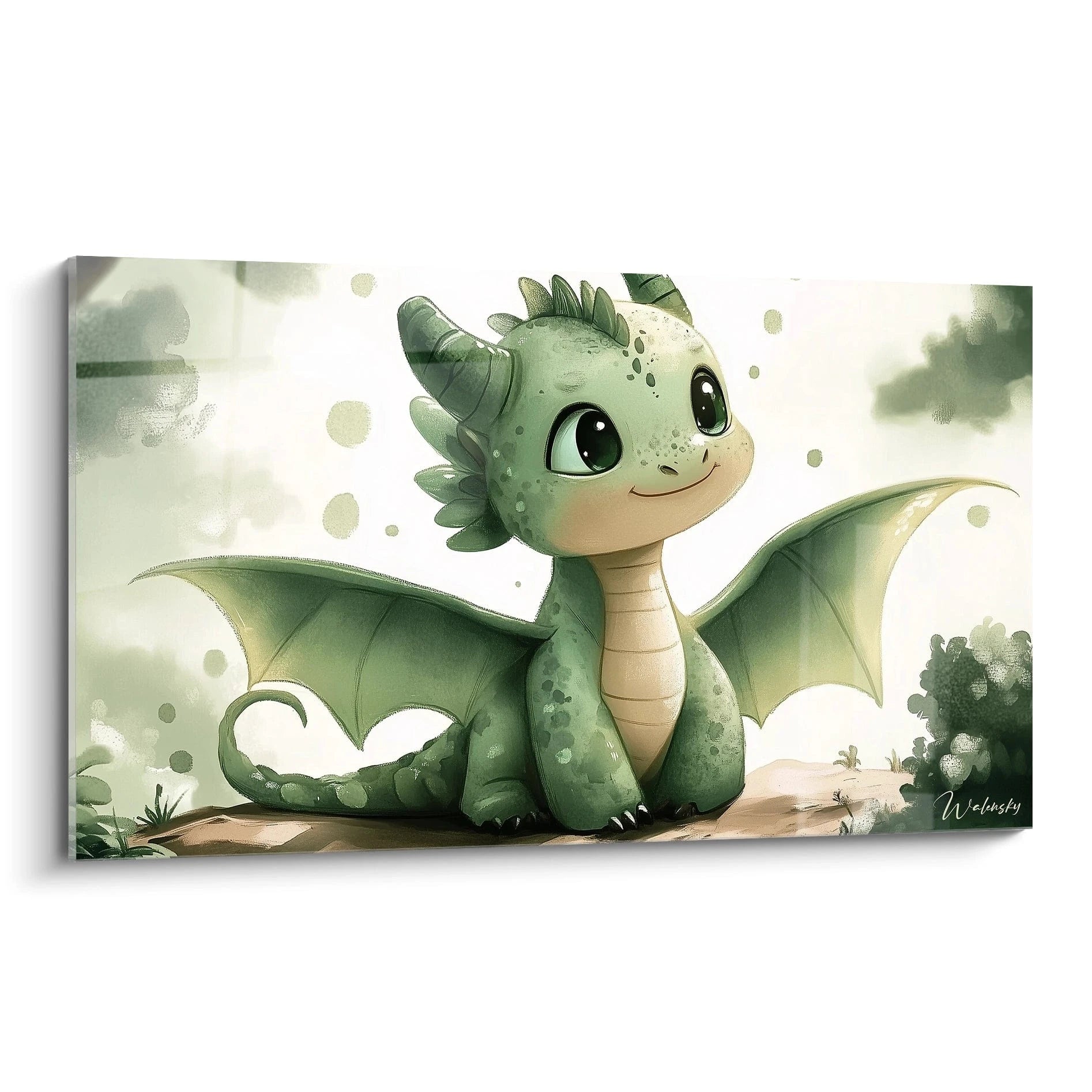 Un tableau dragon pour enfant représentant un petit dragon vert aux ailes ouvertes, avec un fond beige et blanc diffus. Les textures sont douces, avec des dégradés lisses et des contours légÚrement estompés.