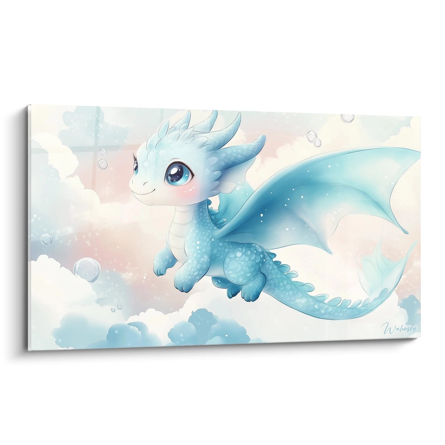 Un tableau dragon pour enfant représentant un dragon bleu aux ailes déployées, entouré de nuages blancs et de bulles translucides, avec des textures lisses et des dégradés doux.