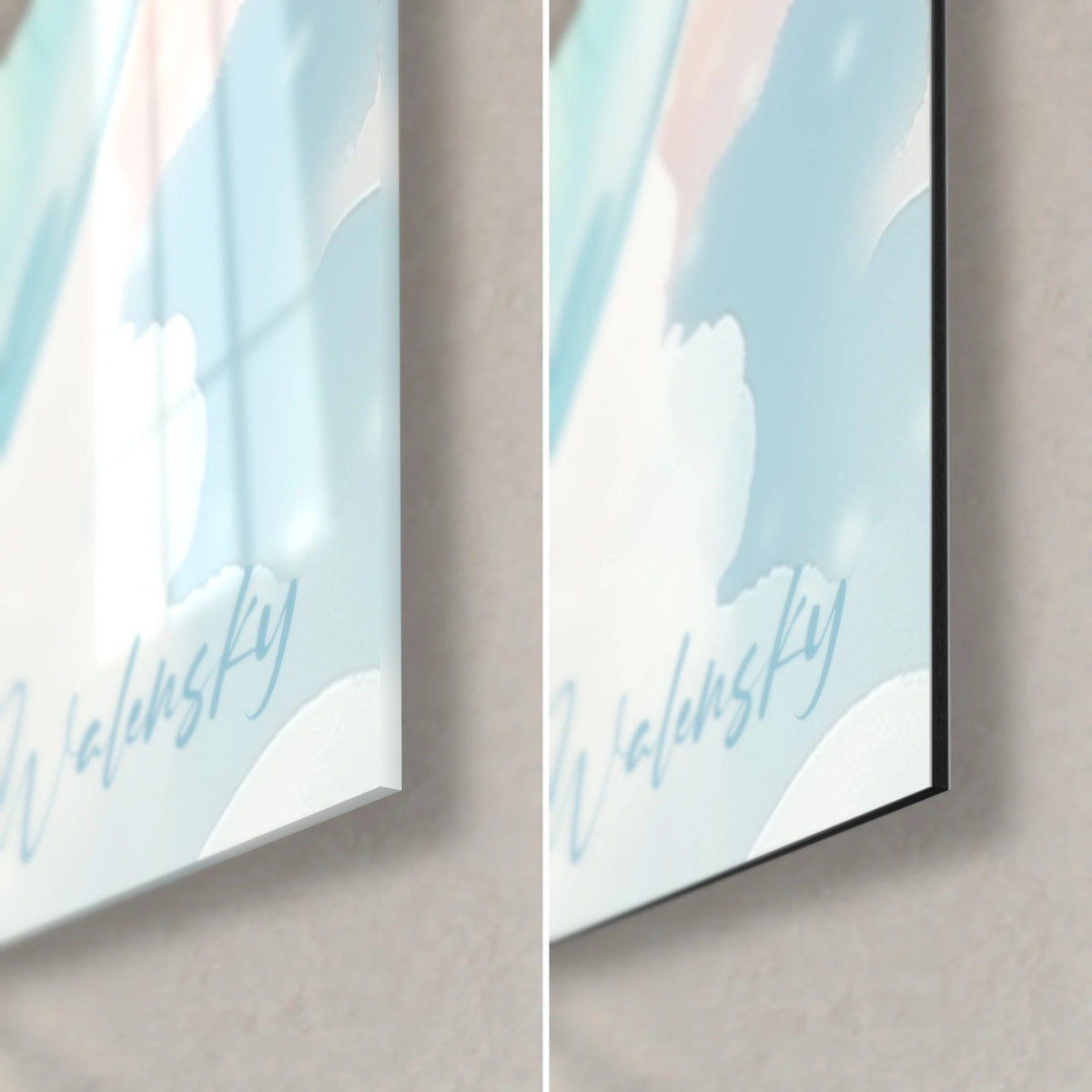 Wall art of a frosted blue baby dragon with a turquoise wing and Walensky signature, bottom right corner in glossy glass and matte Dibond