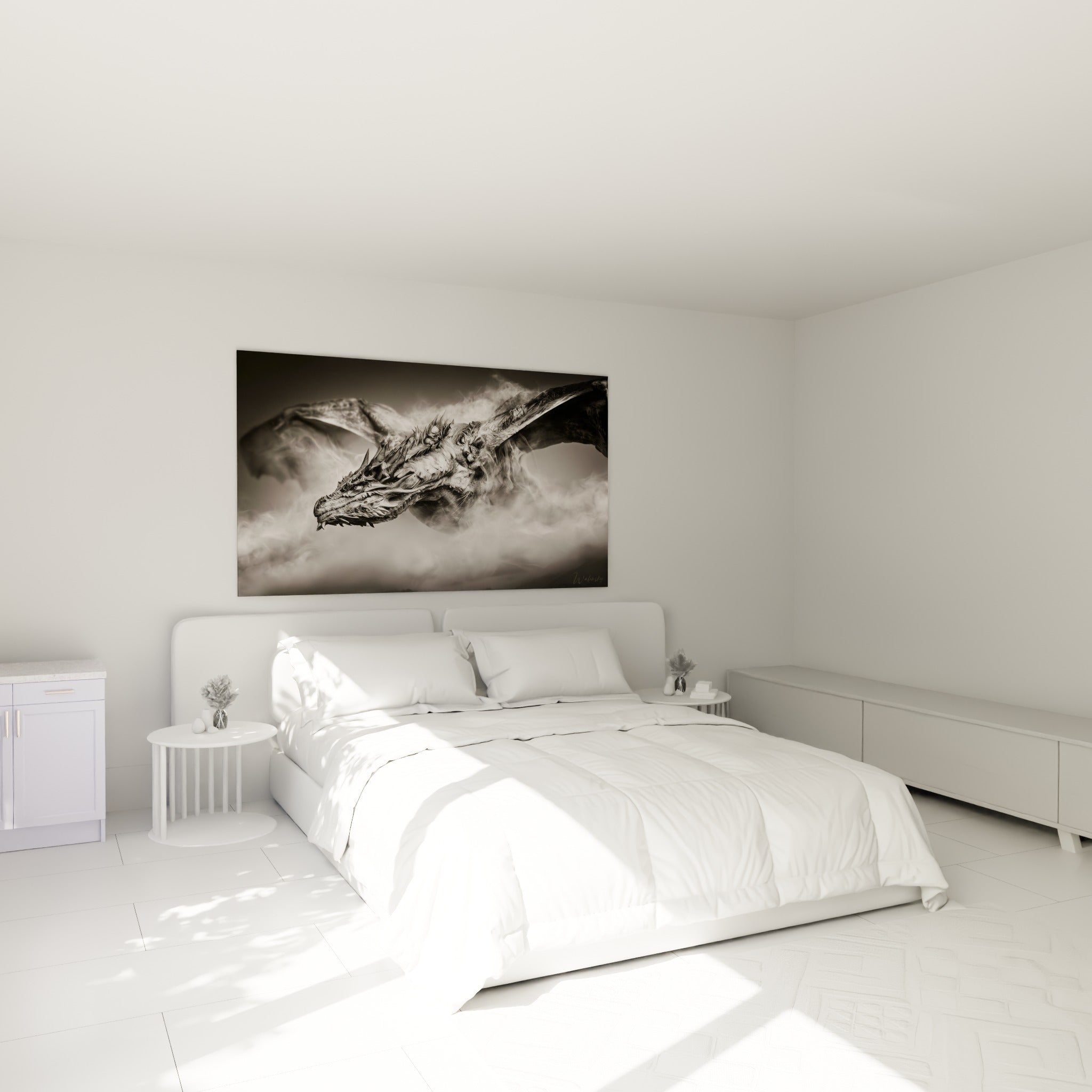 Créature ailée noire et blanche traversant la fumée, au-dessus d'un lit dans une chambre claire