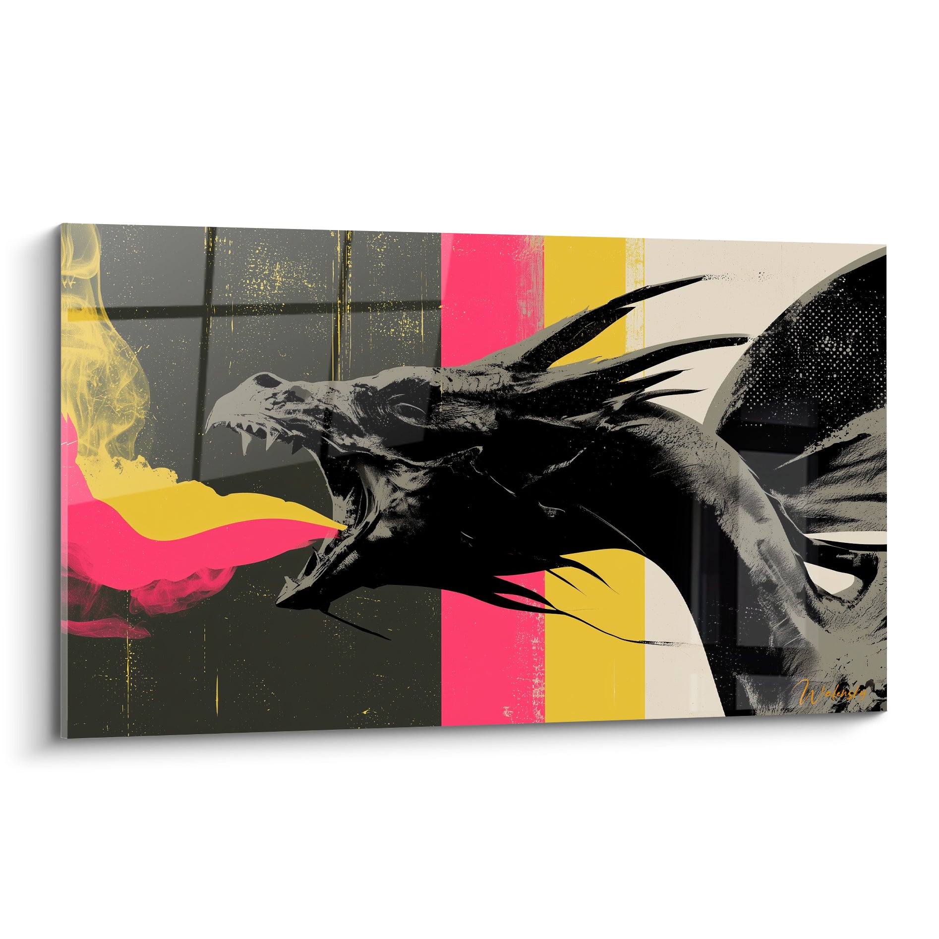 Dragon noir gueule ouverte crachant des flammes roses et jaunes sur fond rayé anthracite
