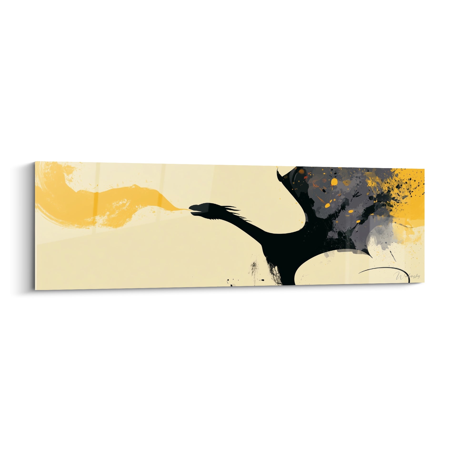 Dragon noir déployé crachant un souffle doré sur fond ivoire, composition graphique épurée