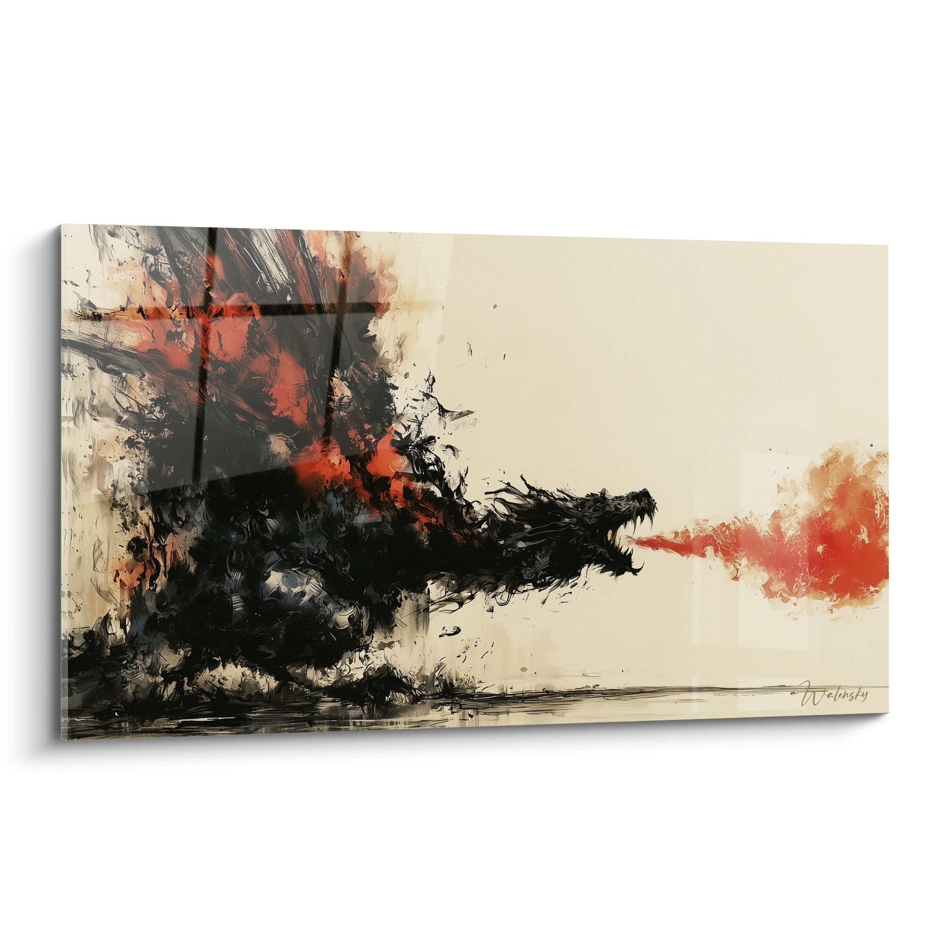 Dragon noir crachant un souffle rouge et orangé sur fond ivoire, style pictural expressif