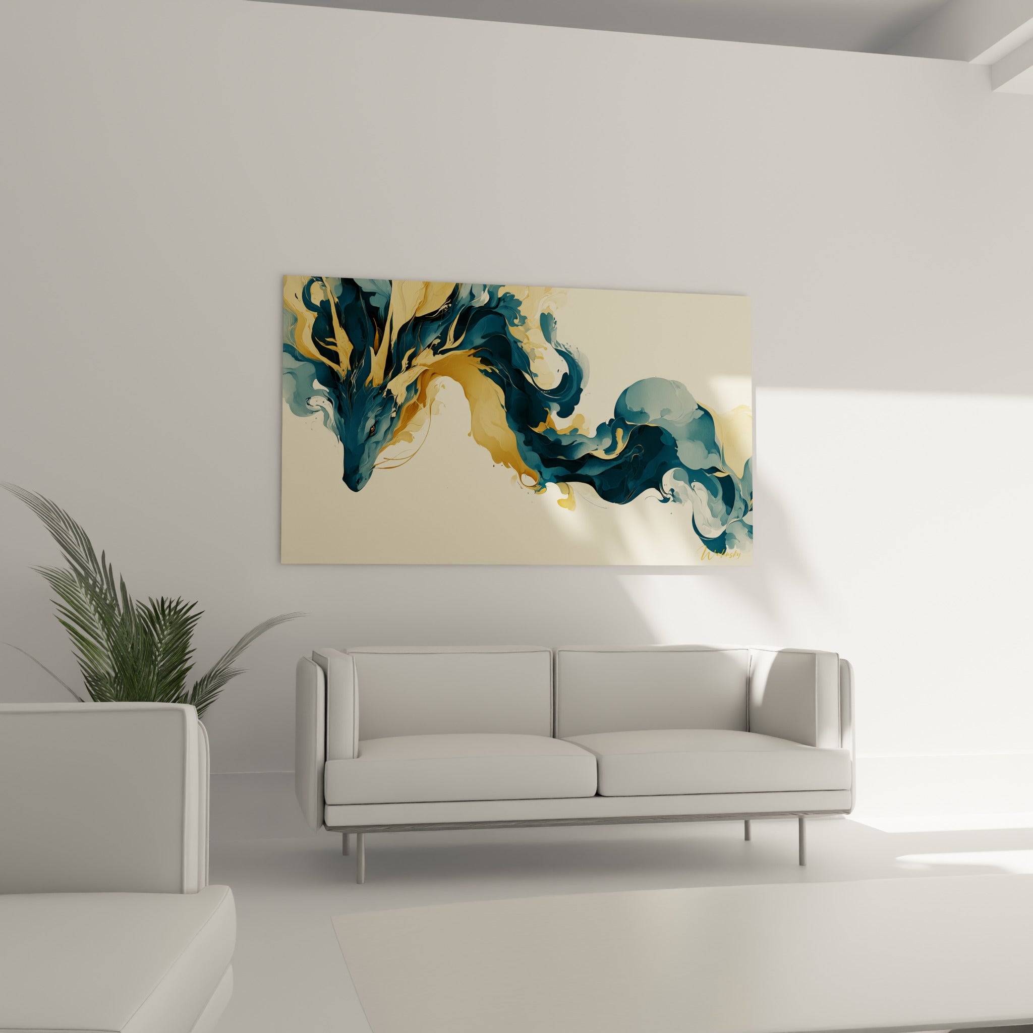 Silhouette de dragon ocre et bleu ardoise étirée en diagonale, au-dessus d'un canapé dans un salon lumineux