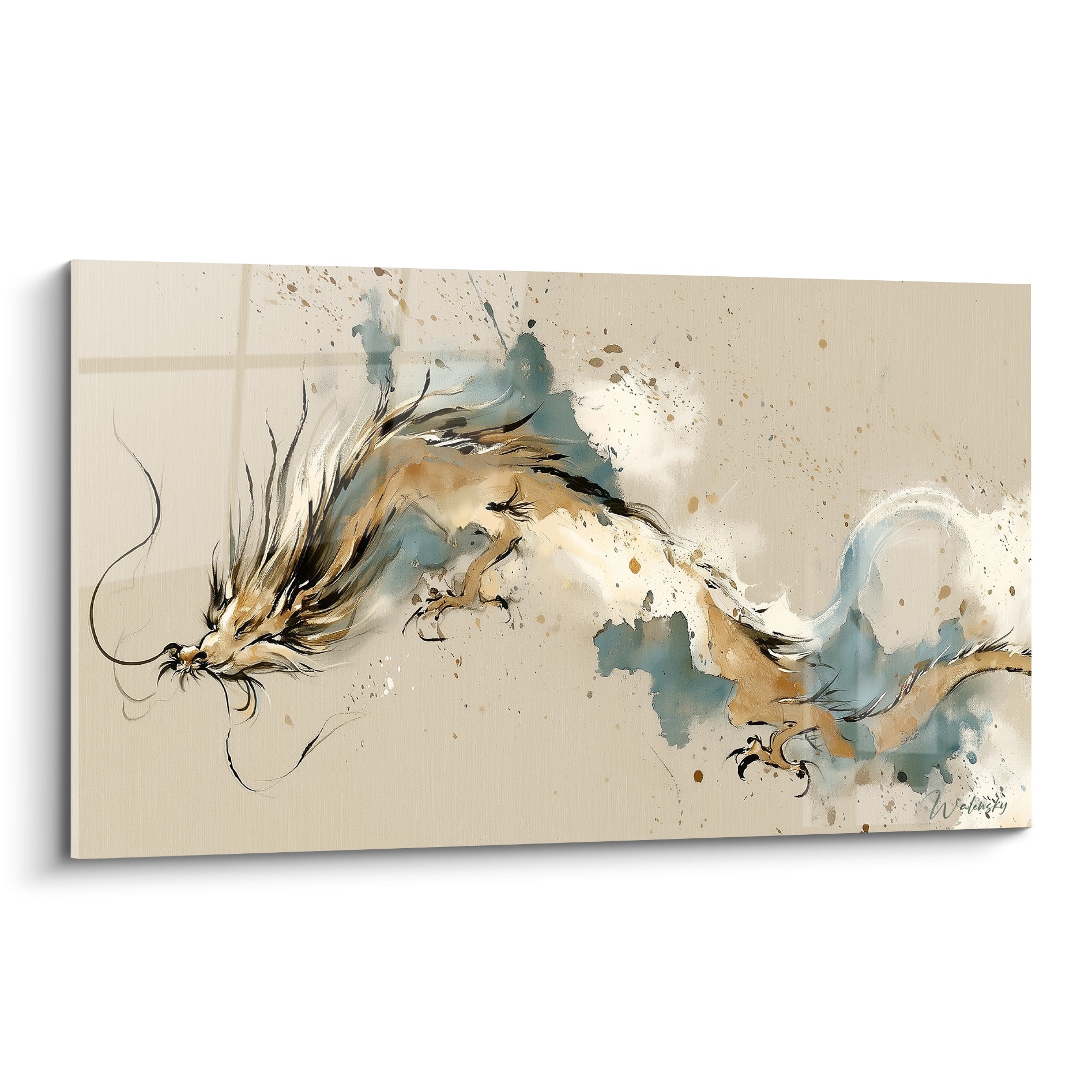 Dragon ocre et bleu pastel déployé en volutes d'encre sur fond beige clair