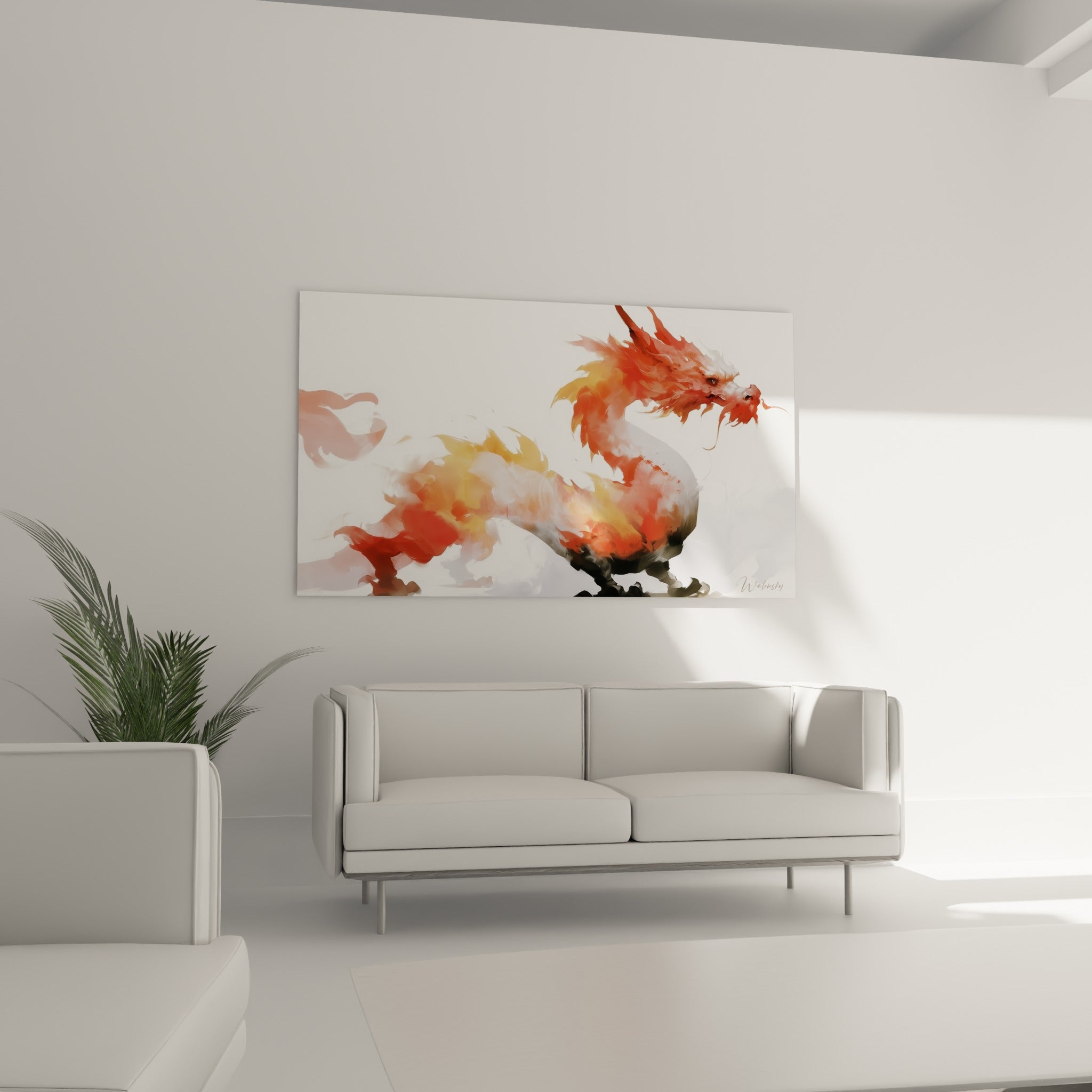 Silhouette de dragon ocre et rouge dissoute en brume, au-dessus d'un canapé dans un salon lumineux