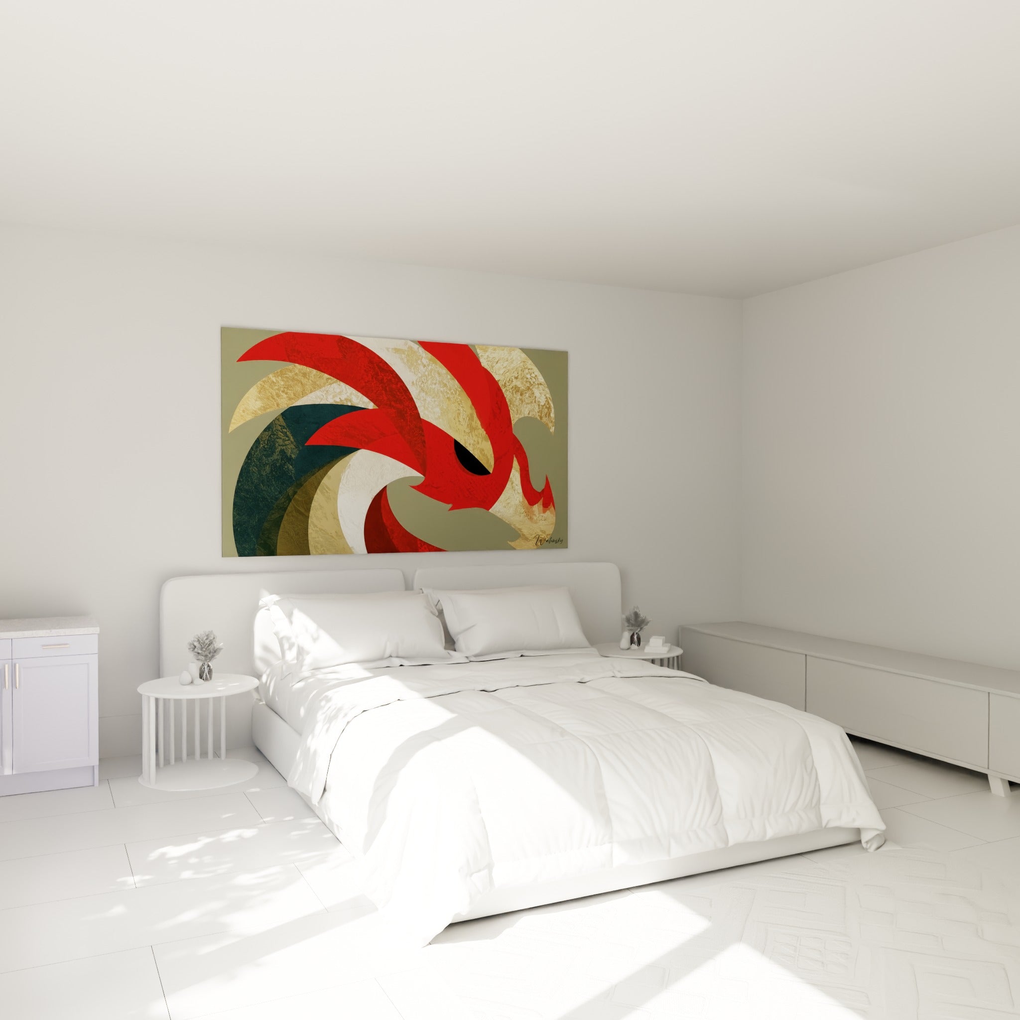 Créature mythique rouge et or déployée en courbes, au-dessus d'un lit dans une chambre claire