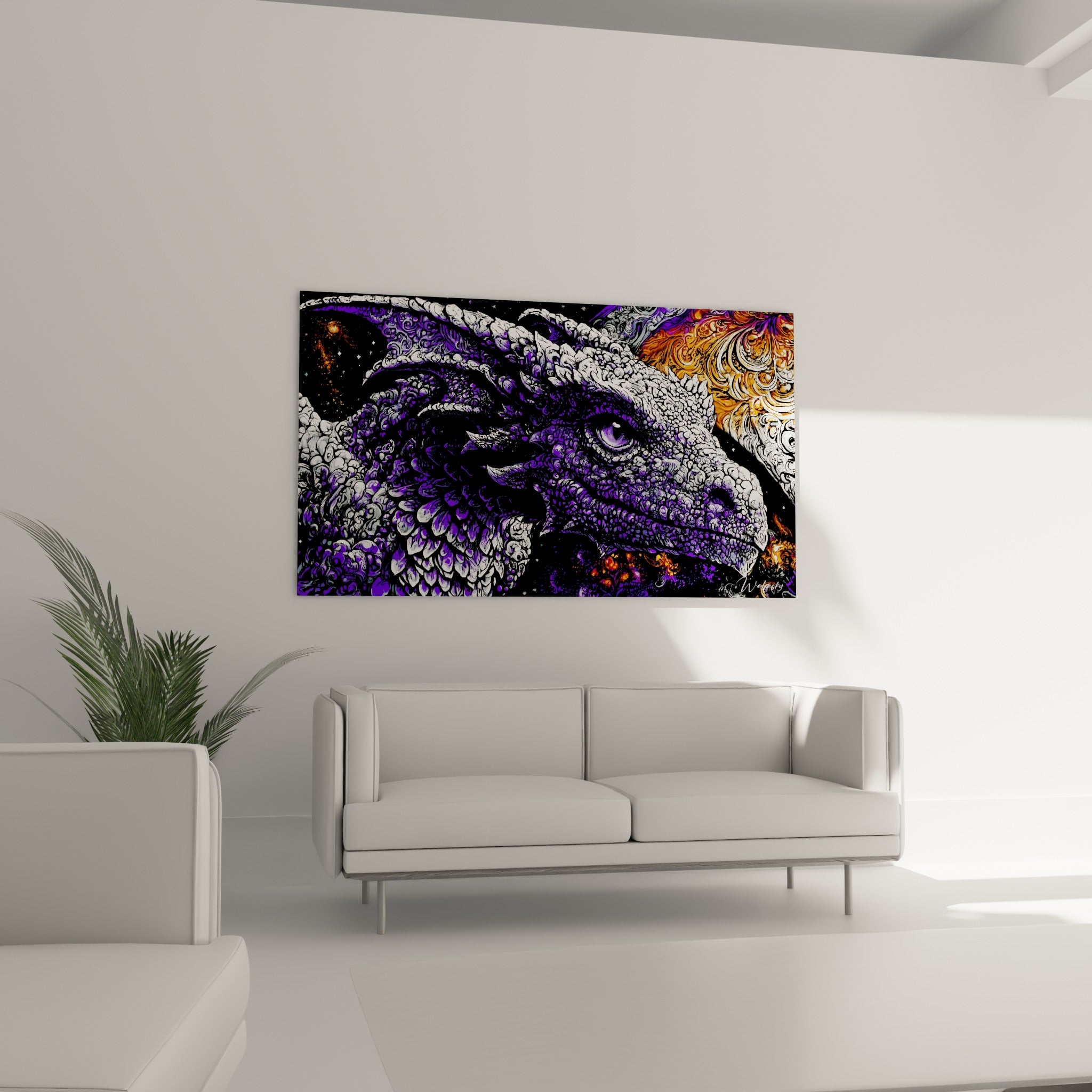 Œil perçant du dragon anthracite et orange positionné au-dessus d'un canapé dans un salon lumineux