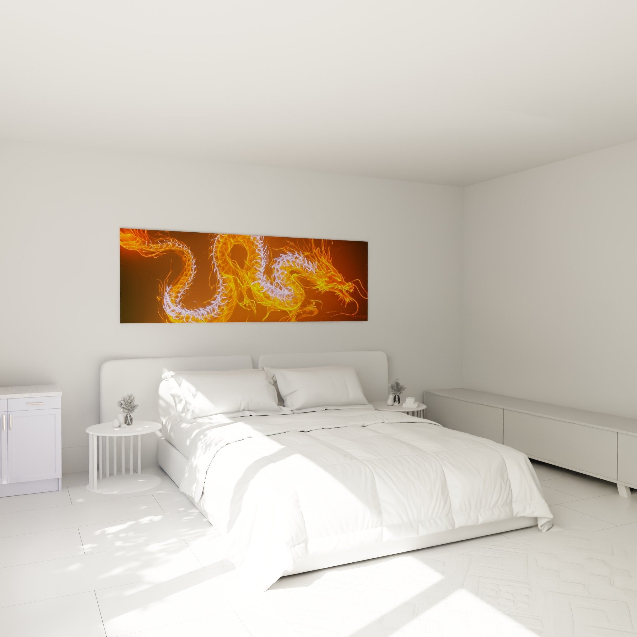 Créature mythique aux flammes orange et reflets blancs, au-dessus d'un lit dans une chambre claire
