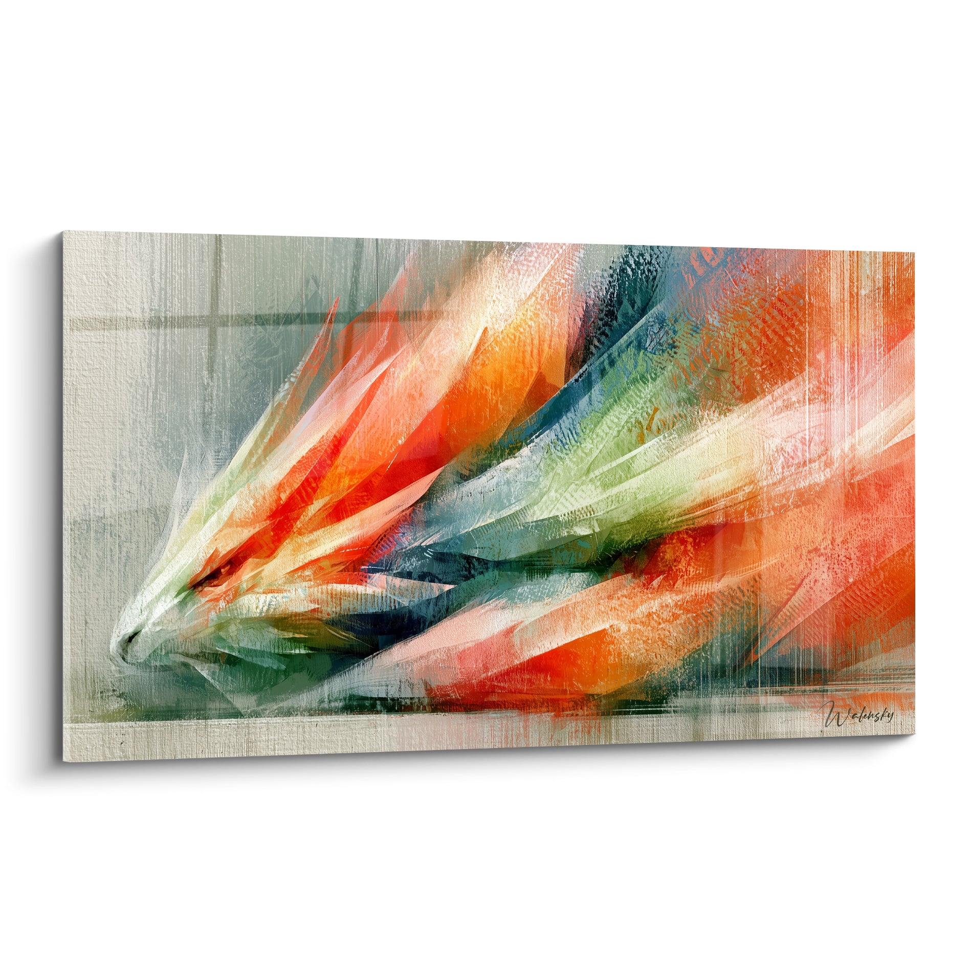 Dragon abstrait aux traits orangés et bleu marine, plumes flammées sur fond gris strié