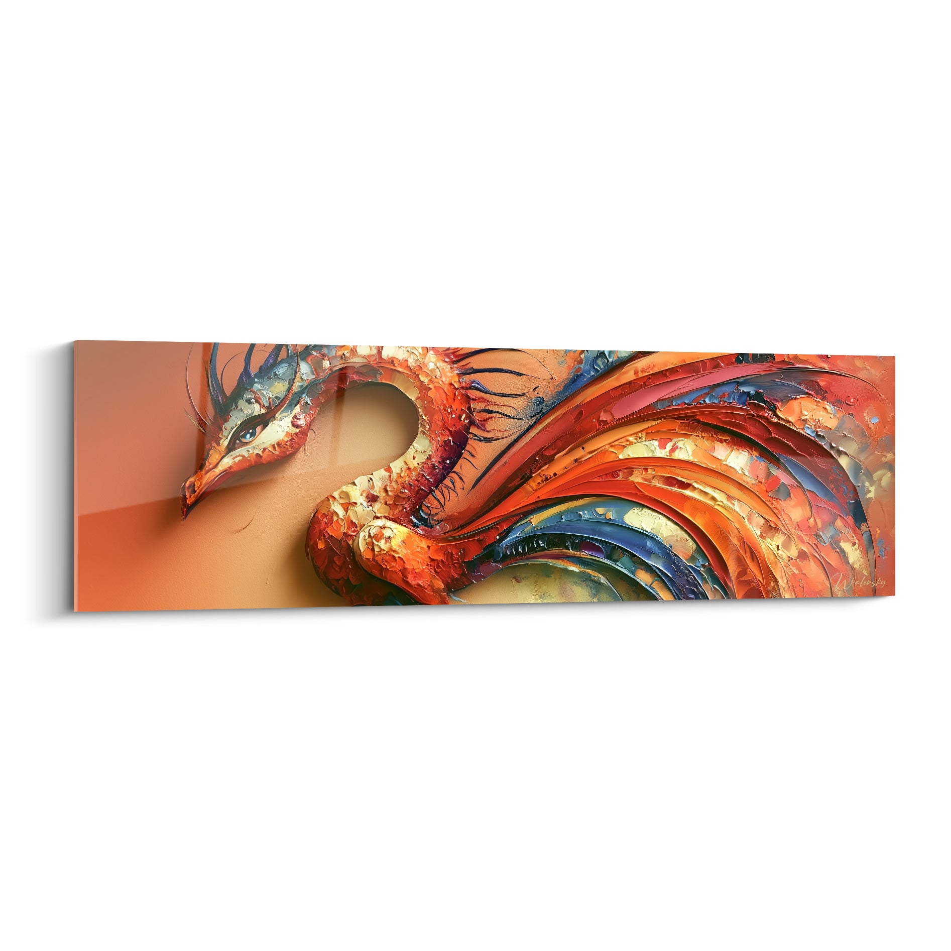 Dragon orange et bleu marine à la texture sculptée, cou recourbé et tête inclinée vers le bas