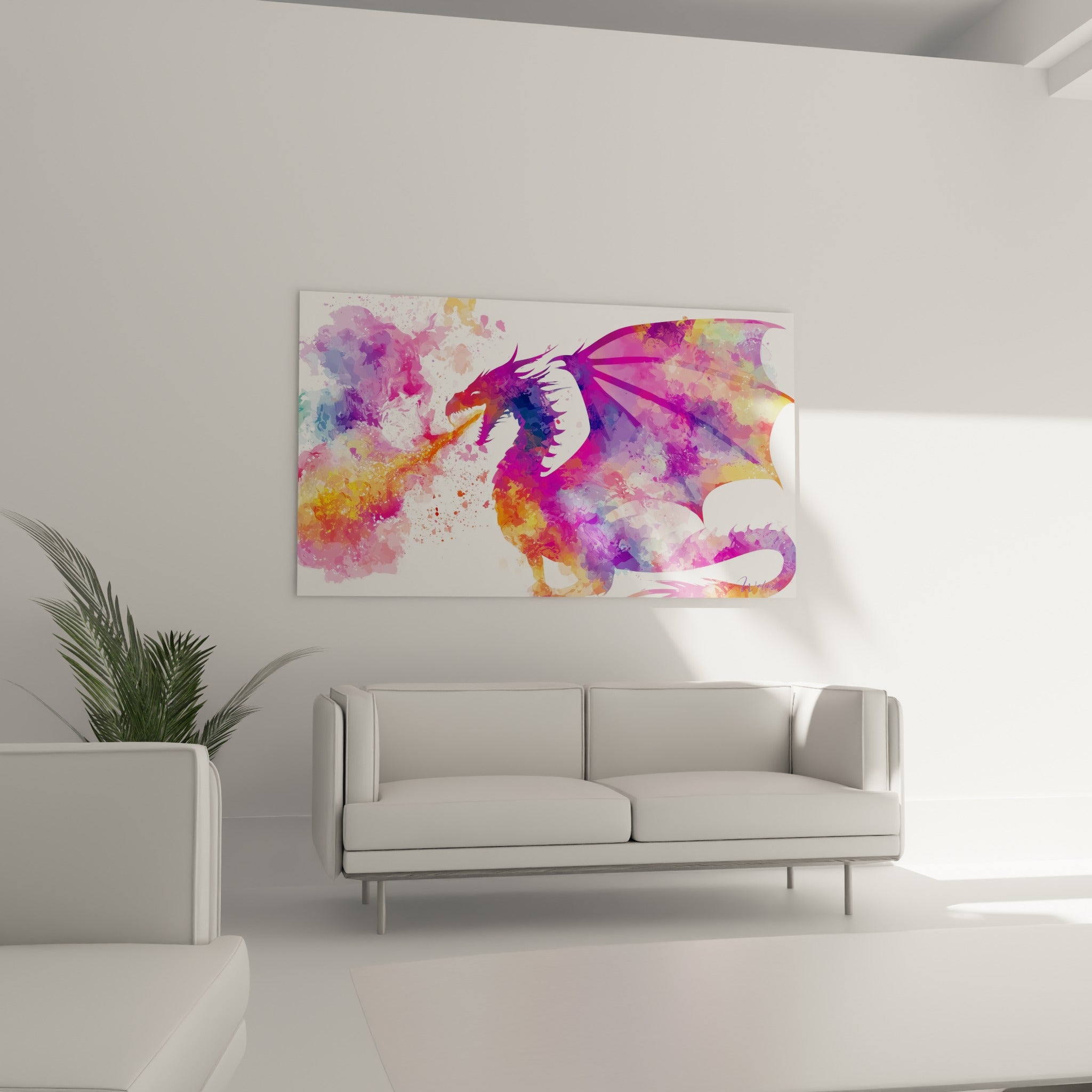 Silhouette de dragon magenta et orange en plein souffle ardent, au-dessus d'un canapé dans un salon lumineux
