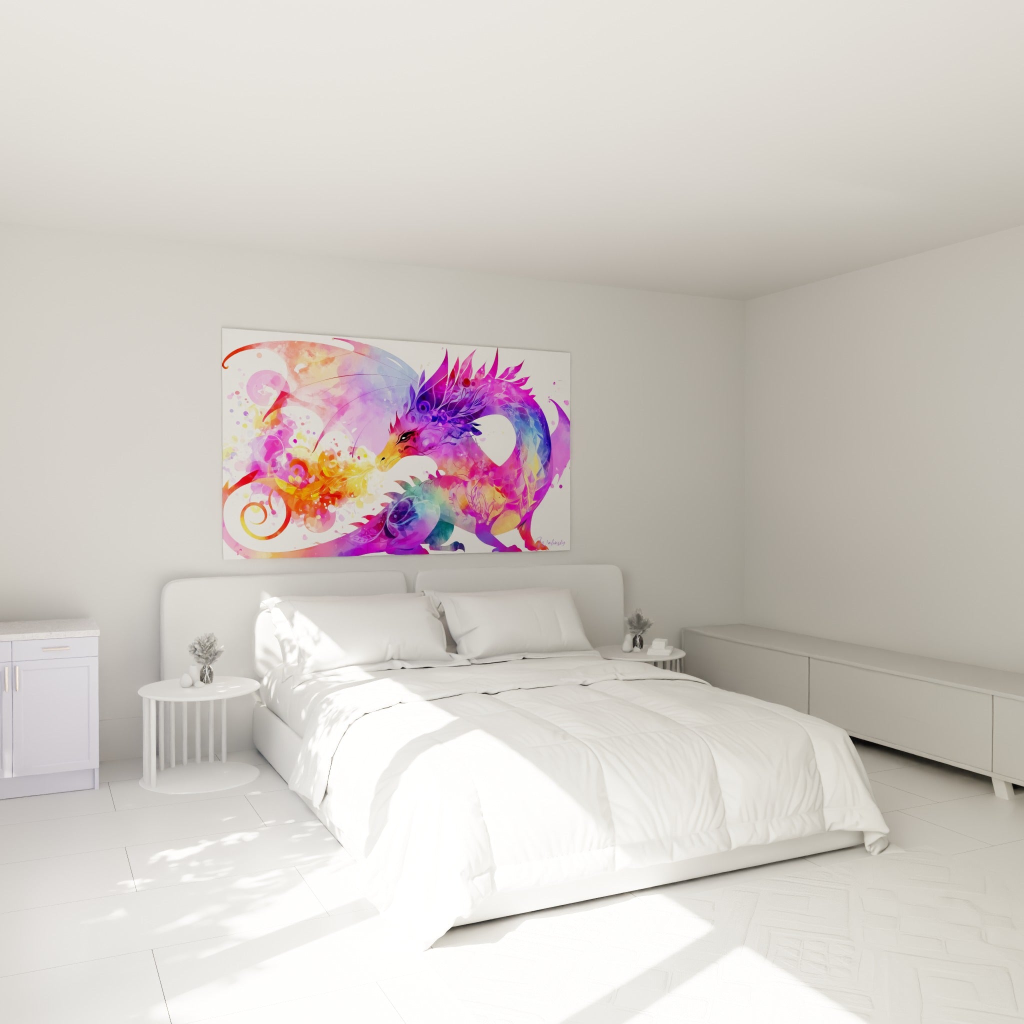 Créature ailée aux teintes roses et bleutées crachant des flammes, au-dessus d'un lit dans une chambre claire