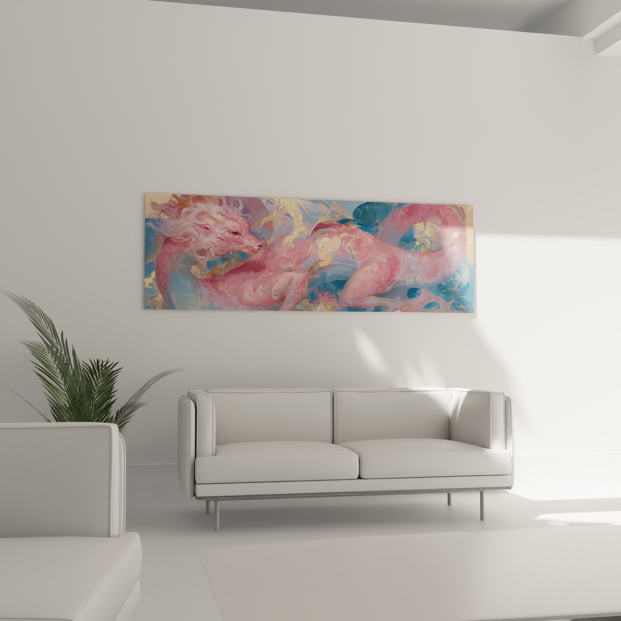Silhouette sinueuse rose pastel et bleu ardoise accrochée au-dessus d'un canapé dans un salon lumineux