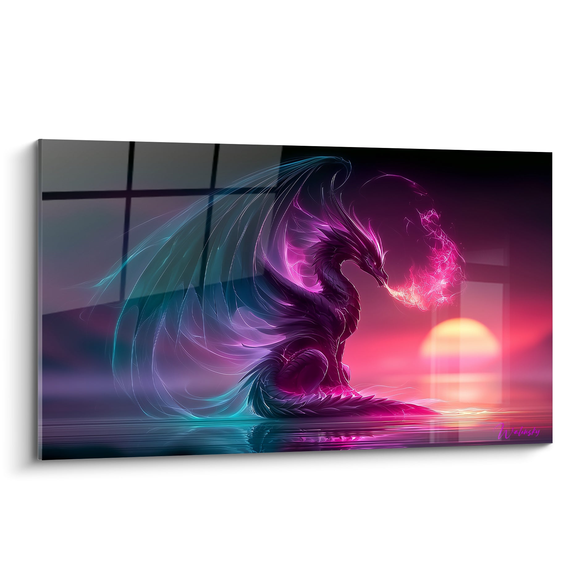 Dragon rose et turquoise crachant des flammes devant un soleil couchant sur l'eau
