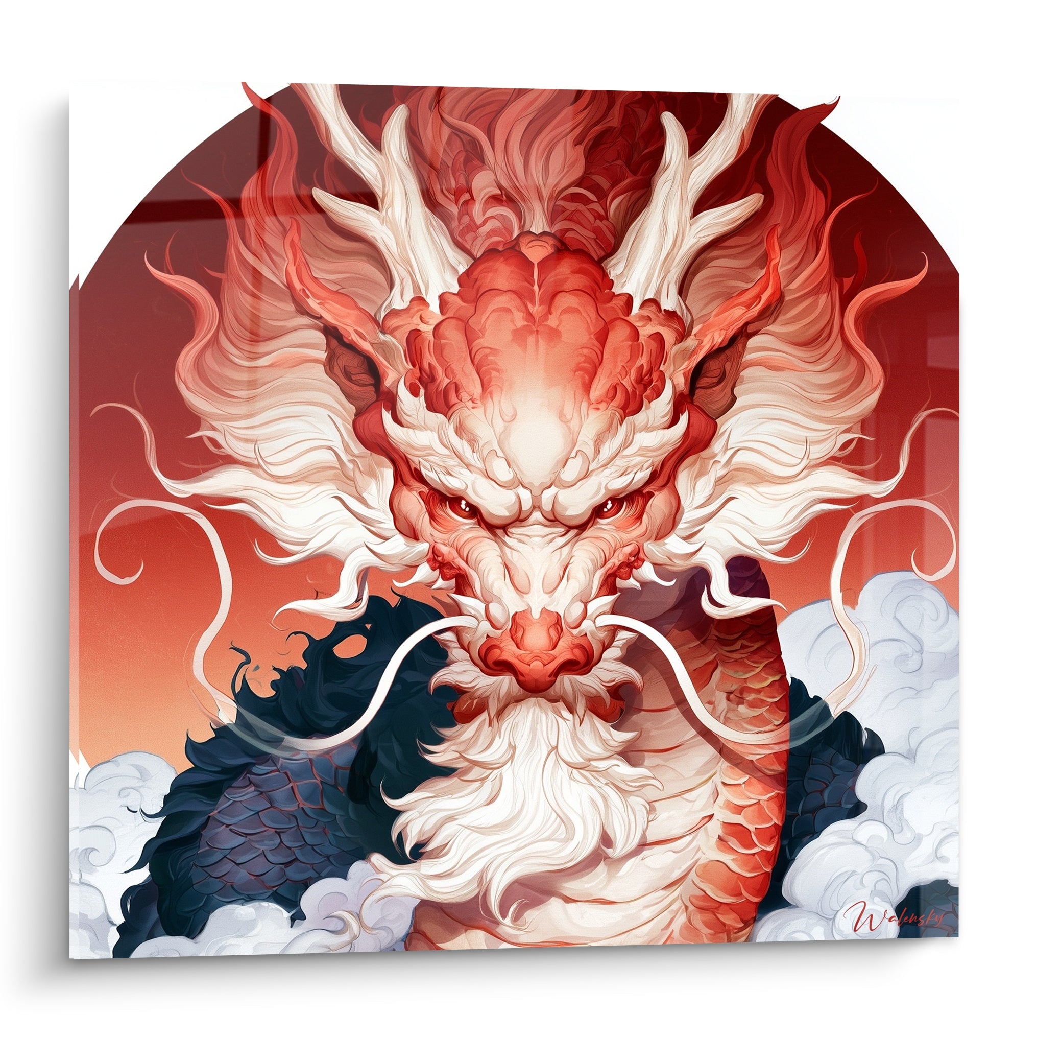 Dragon rouge et blanc au regard perçant, crinière déployée, entouré de nuages ivoire