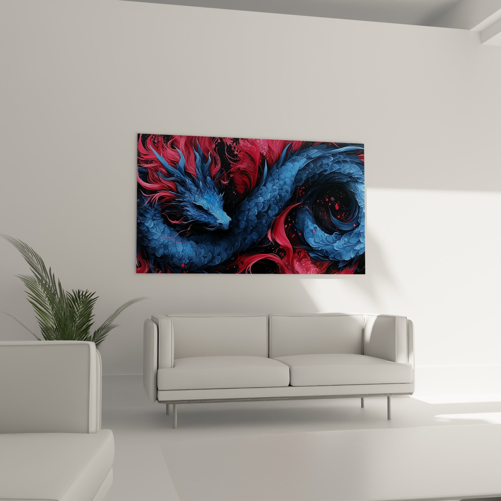 Spirale de dragon bleu profond bordée de flammes roses, au-dessus d'un canapé dans un salon lumineux