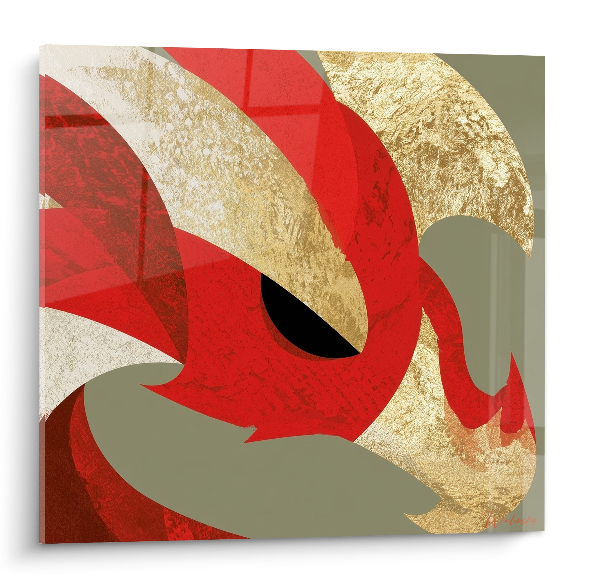 Dragon rouge aux écailles dorées, œil noir intense, fond kaki, composition graphique épurée
