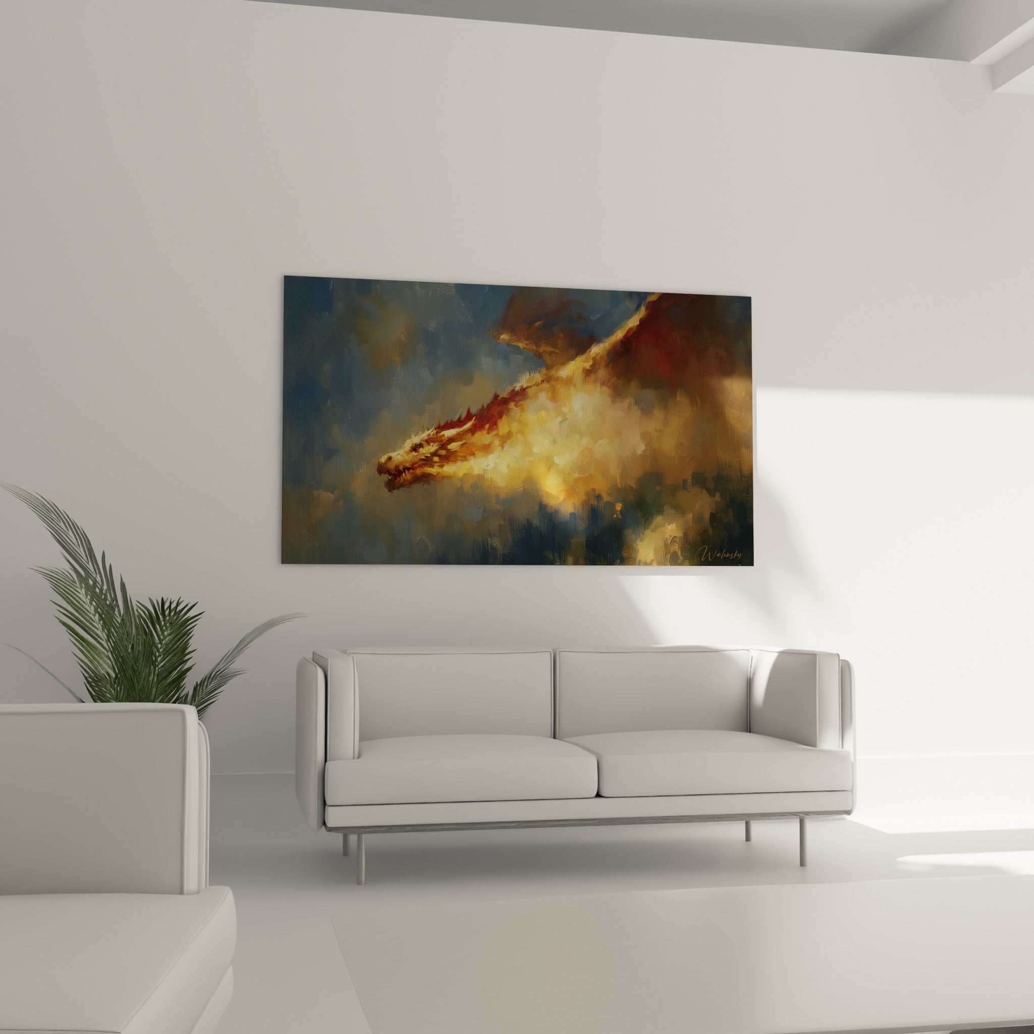 Tête flamboyante dorée et rouge sombre, empâtements visibles, au-dessus d'un canapé dans un salon lumineux