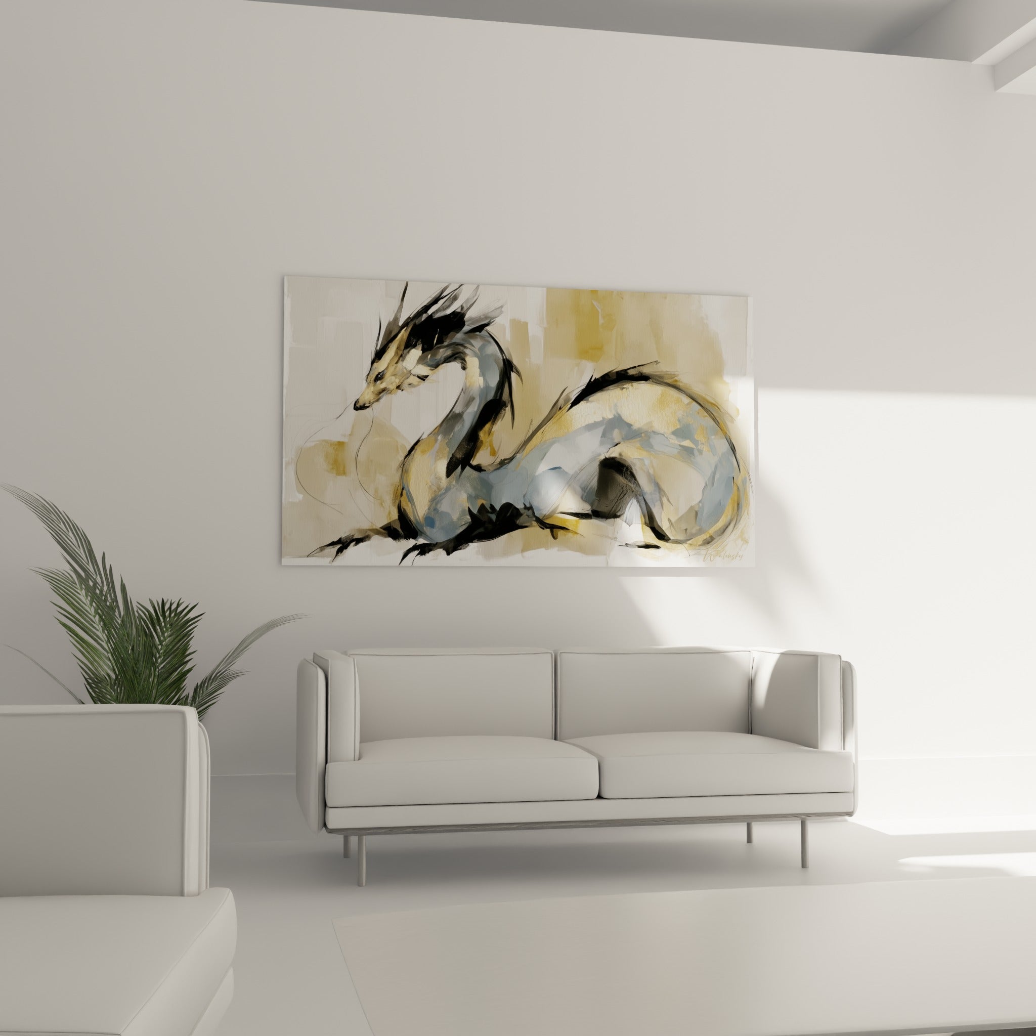 Silhouette sinueuse du dragon doré et bleu ardoise au-dessus d'un canapé dans un salon lumineux