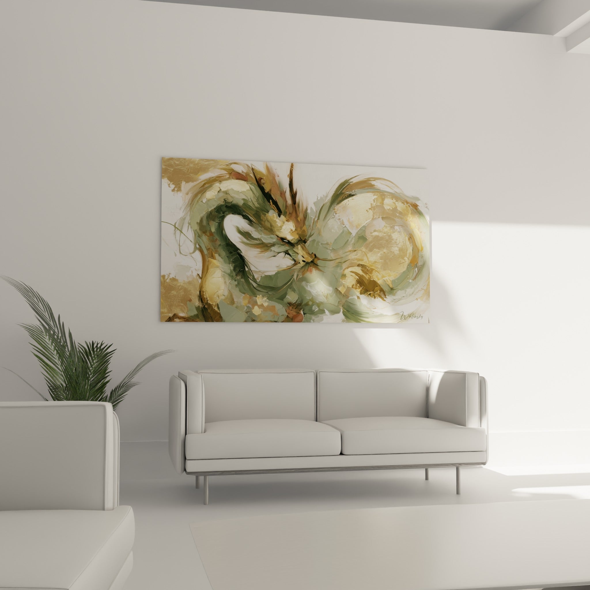 Silhouette de dragon anthracite et doré au-dessus d'un canapé dans un salon lumineux