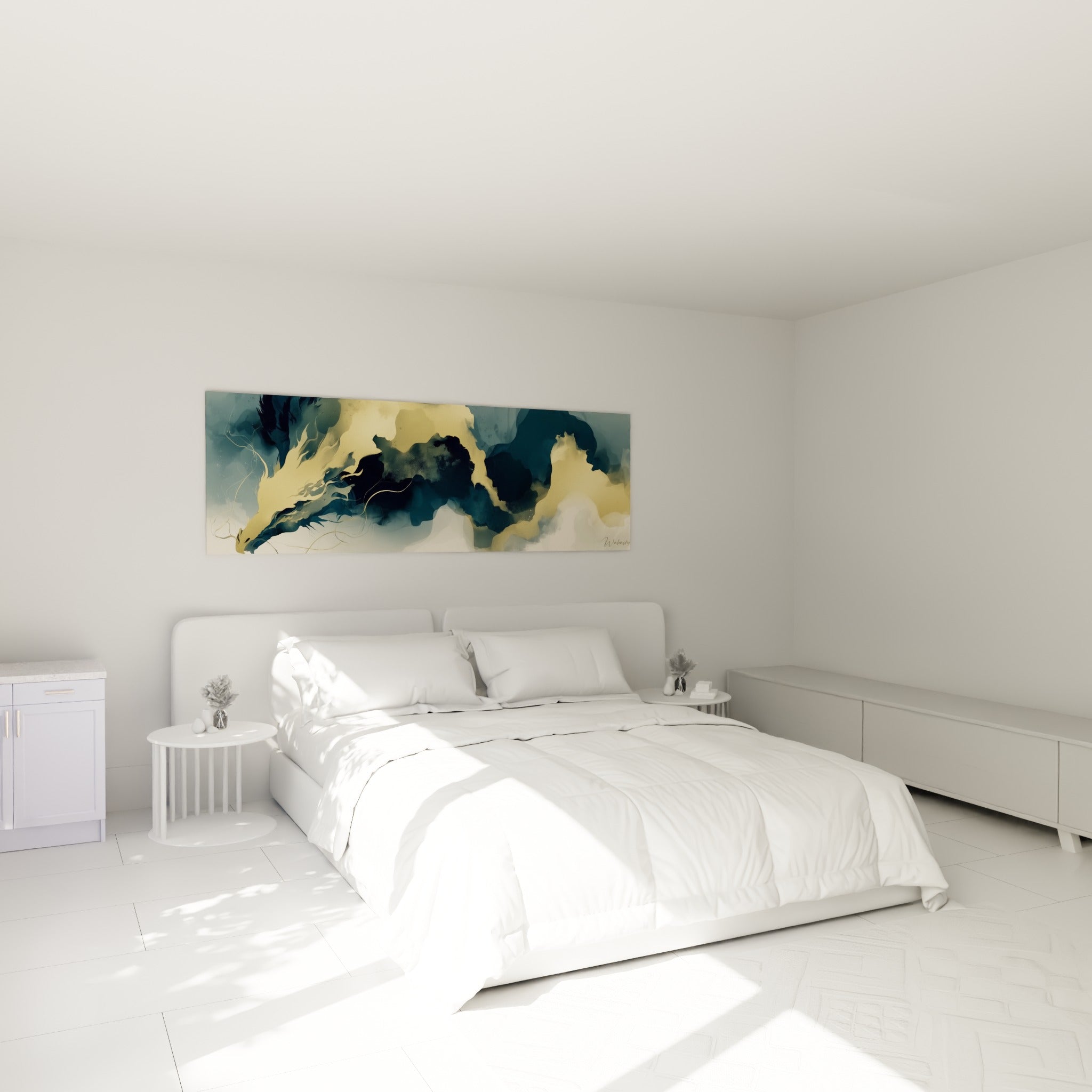 Créature mythique aux teintes anthracite et dorées, dragon abstrait au-dessus d'un lit dans une chambre claire