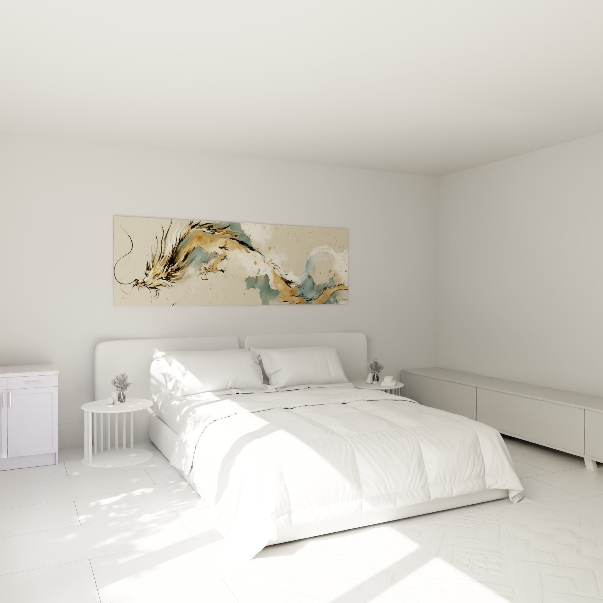 Créature dorée aux moustaches noires ondulant en bleu pastel au-dessus d'un lit dans une chambre claire