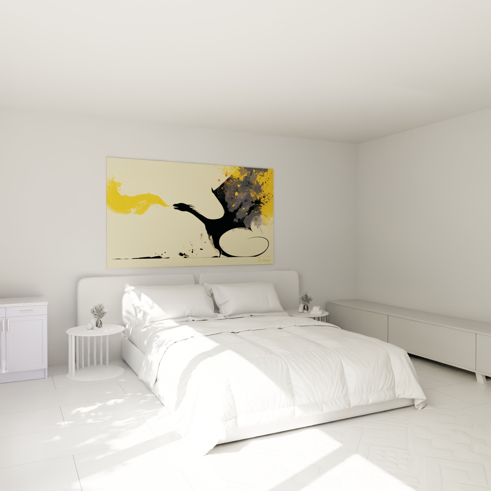 Silhouette de dragon noir et souffle doré accrochée au-dessus d'un lit dans une chambre claire