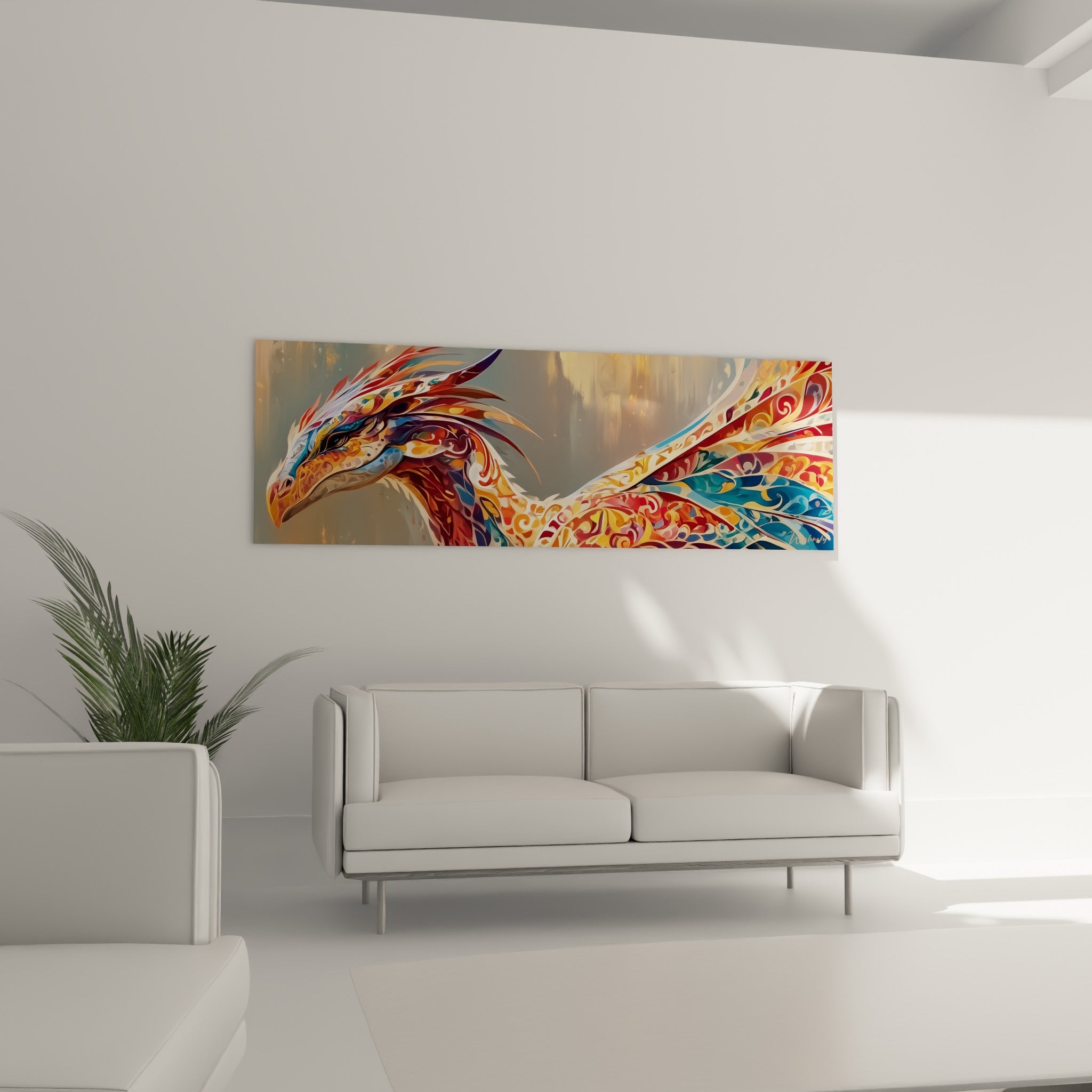 Silhouette de dragon stylisé aux teintes ocre et bordeaux placée au-dessus d'un canapé dans un salon lumineux
