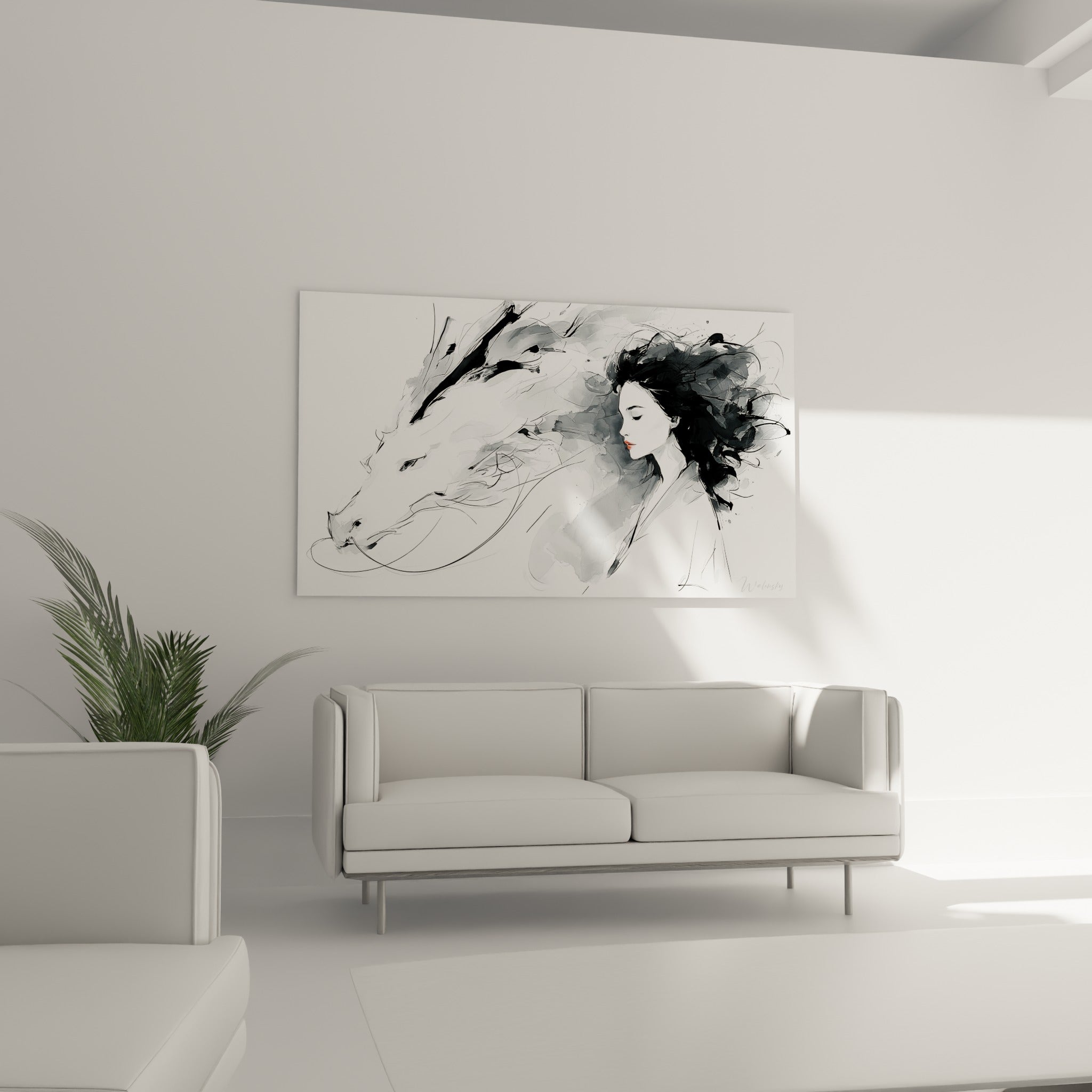 Créature mythique et profil féminin en camaïeu gris et noir accrochés au-dessus d'un canapé dans un salon lumineux