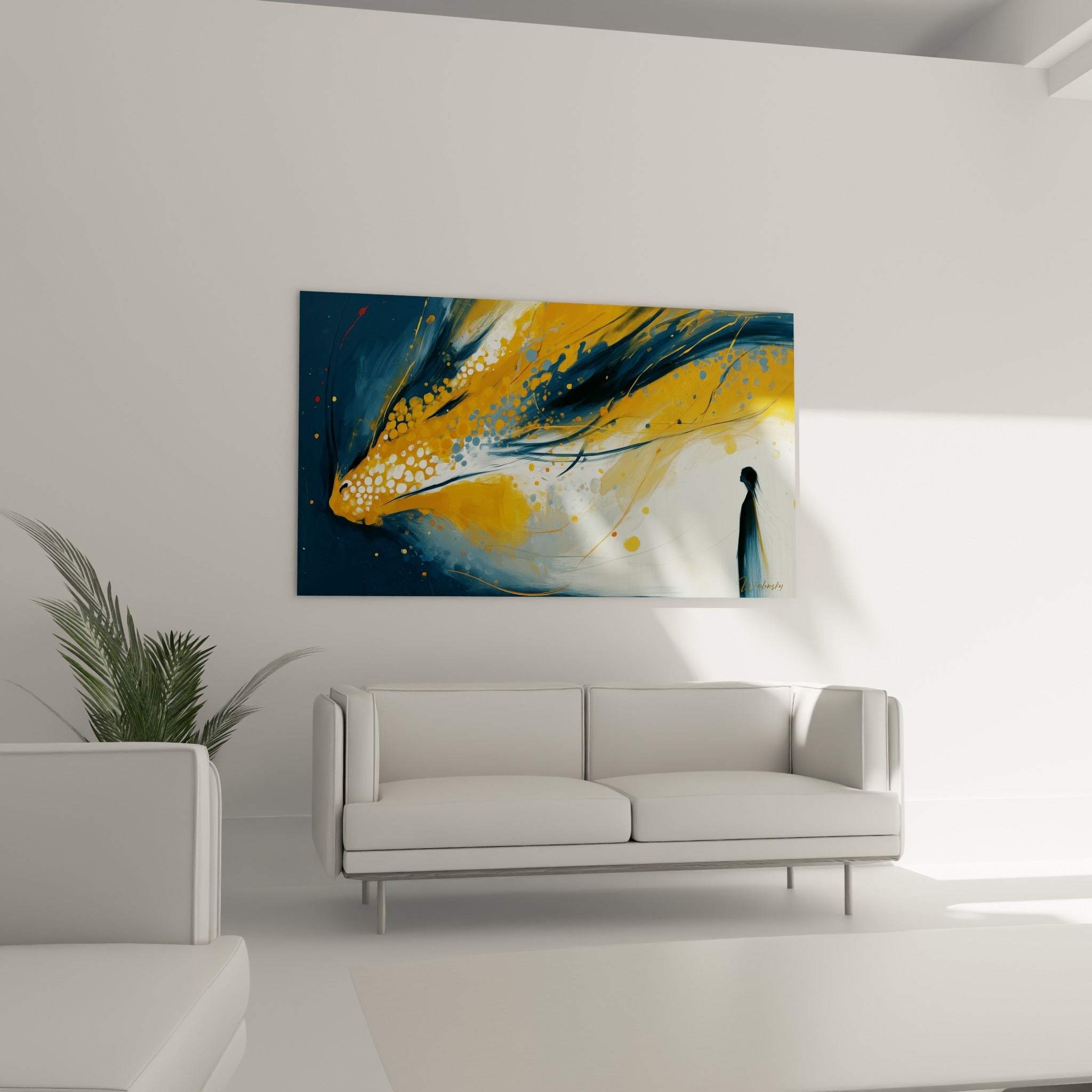 Envol doré et bleu nuit d'un Dragon abstrait, suspendu au-dessus d'un canapé dans un salon lumineux